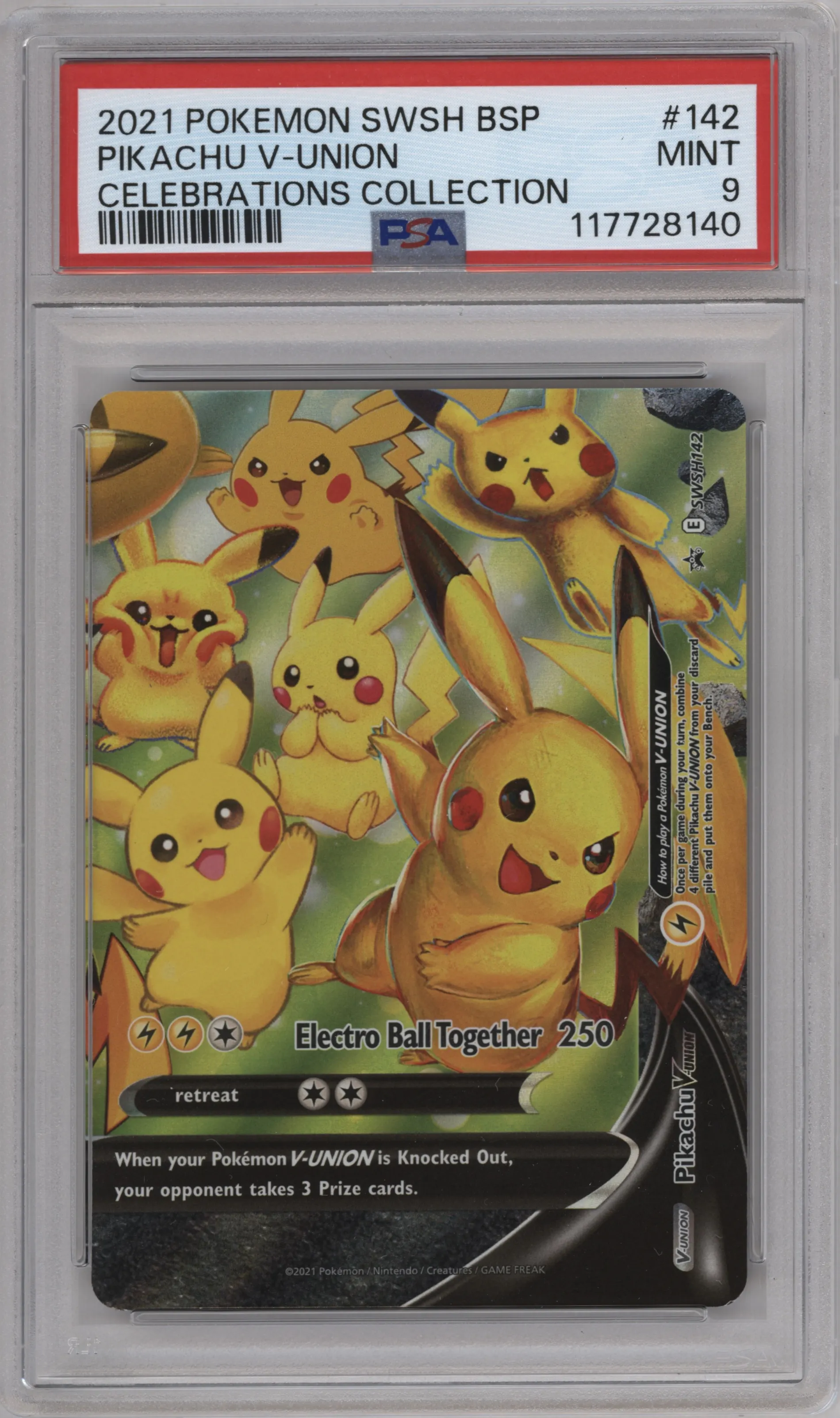 Pikachu V-UNION from the 2021 Pokemon SWSH set featuring a Celebrations Collection parallel graded by PSA and given an overall grade of 9.