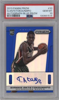Giannis Antetokounmpo from the 2013-14 Panini Prizm set featuring a Blue Prizm parallel graded by PSA and given an overall grade of 10.