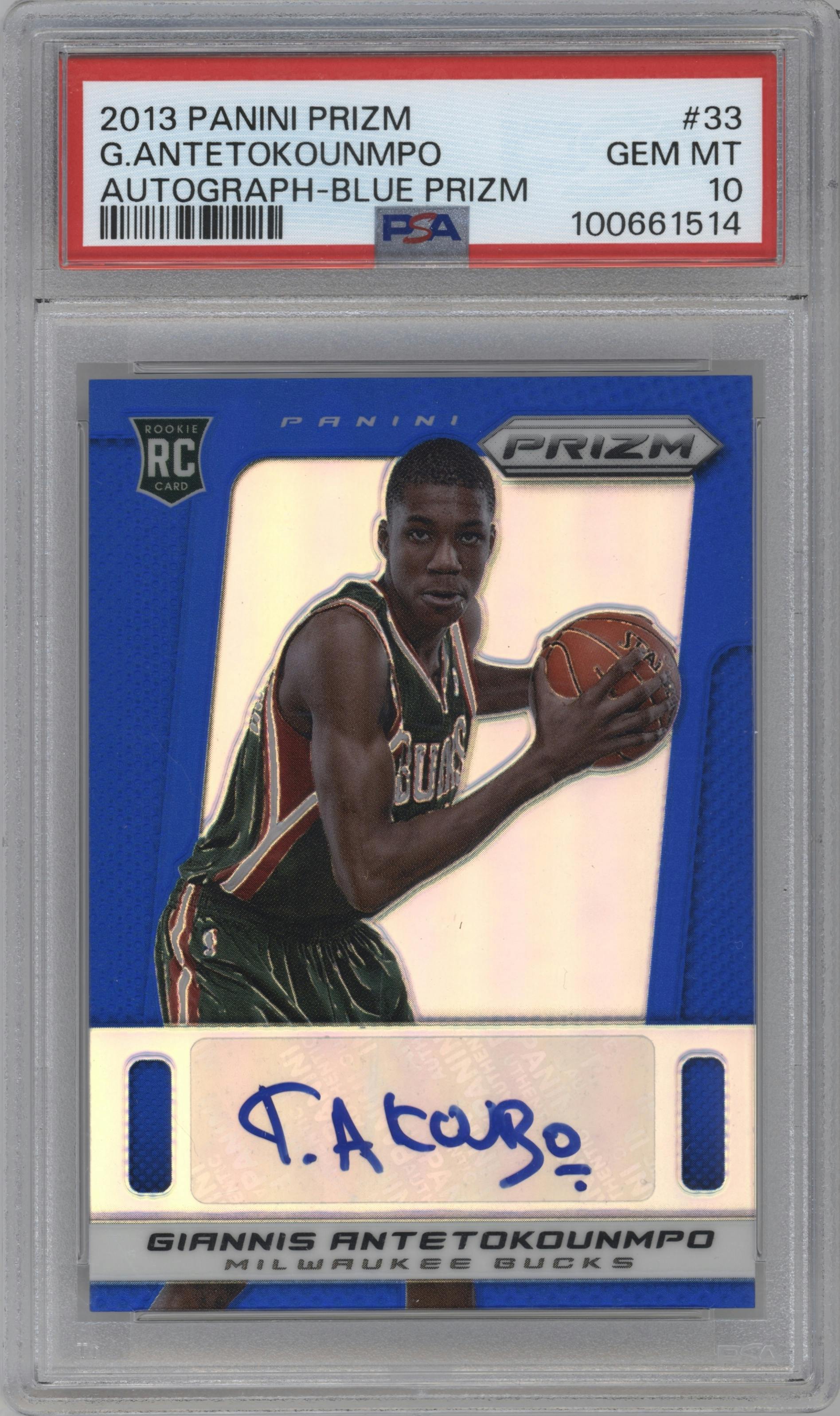 Giannis Antetokounmpo from the 2013-14 Panini Prizm set featuring a Blue Prizm parallel graded by PSA and given an overall grade of 10.