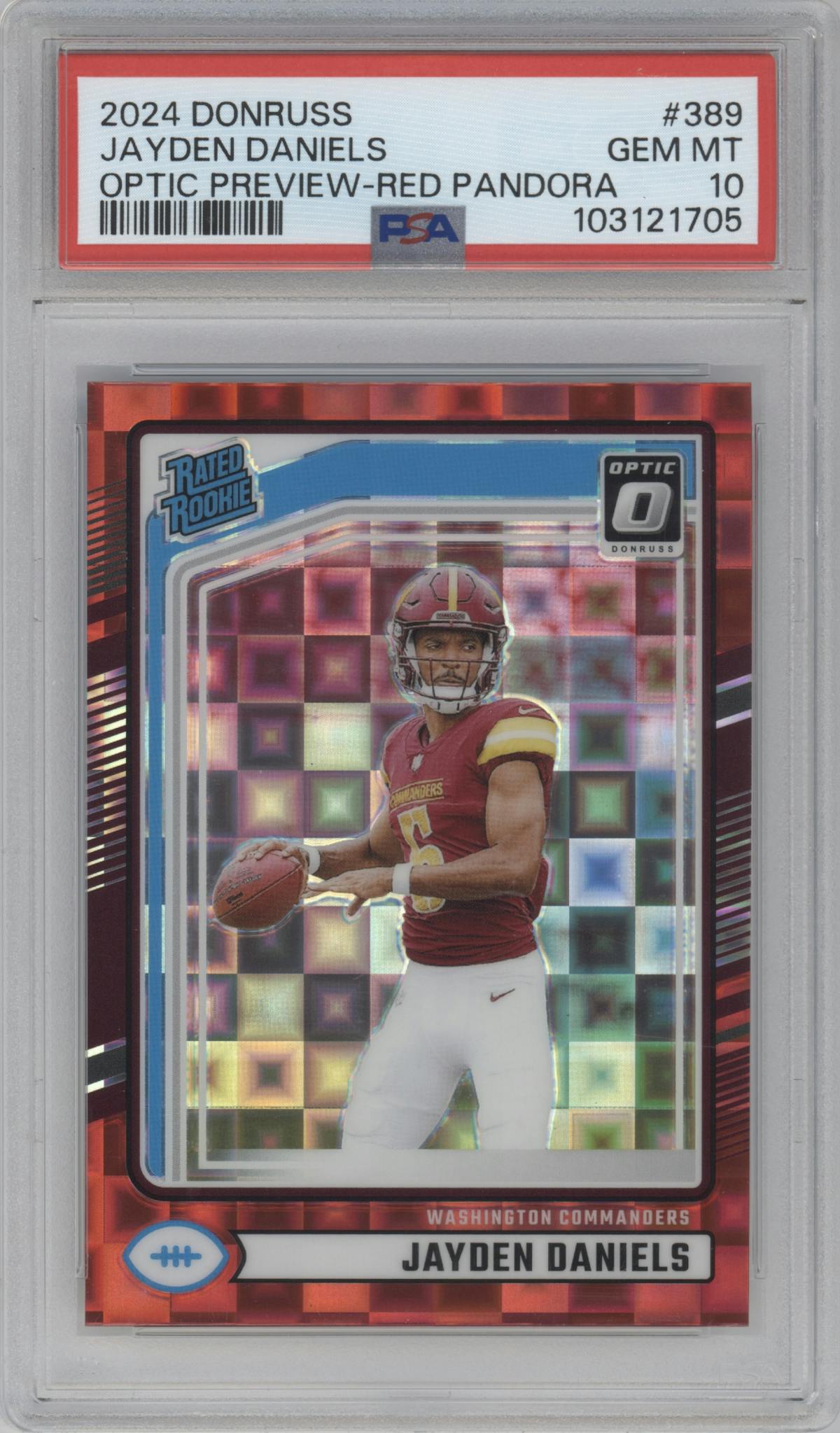 Jayden Daniels from the 2024 Donruss set featuring a Red Pandora parallel graded by PSA and given an overall grade of 10.