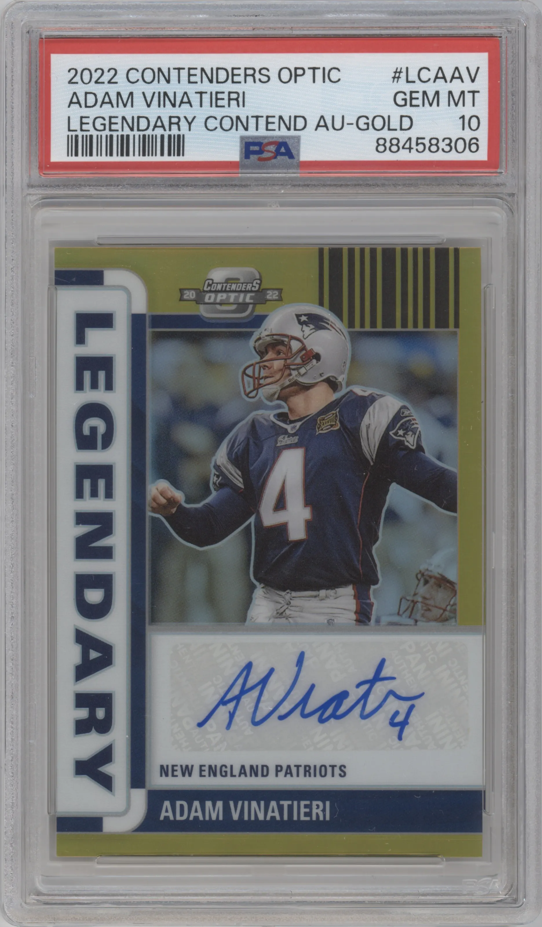 Adam Vinatieri from the 2022 Panini Contenders Optic set featuring a Gold parallel graded by PSA and given an overall grade of 10.