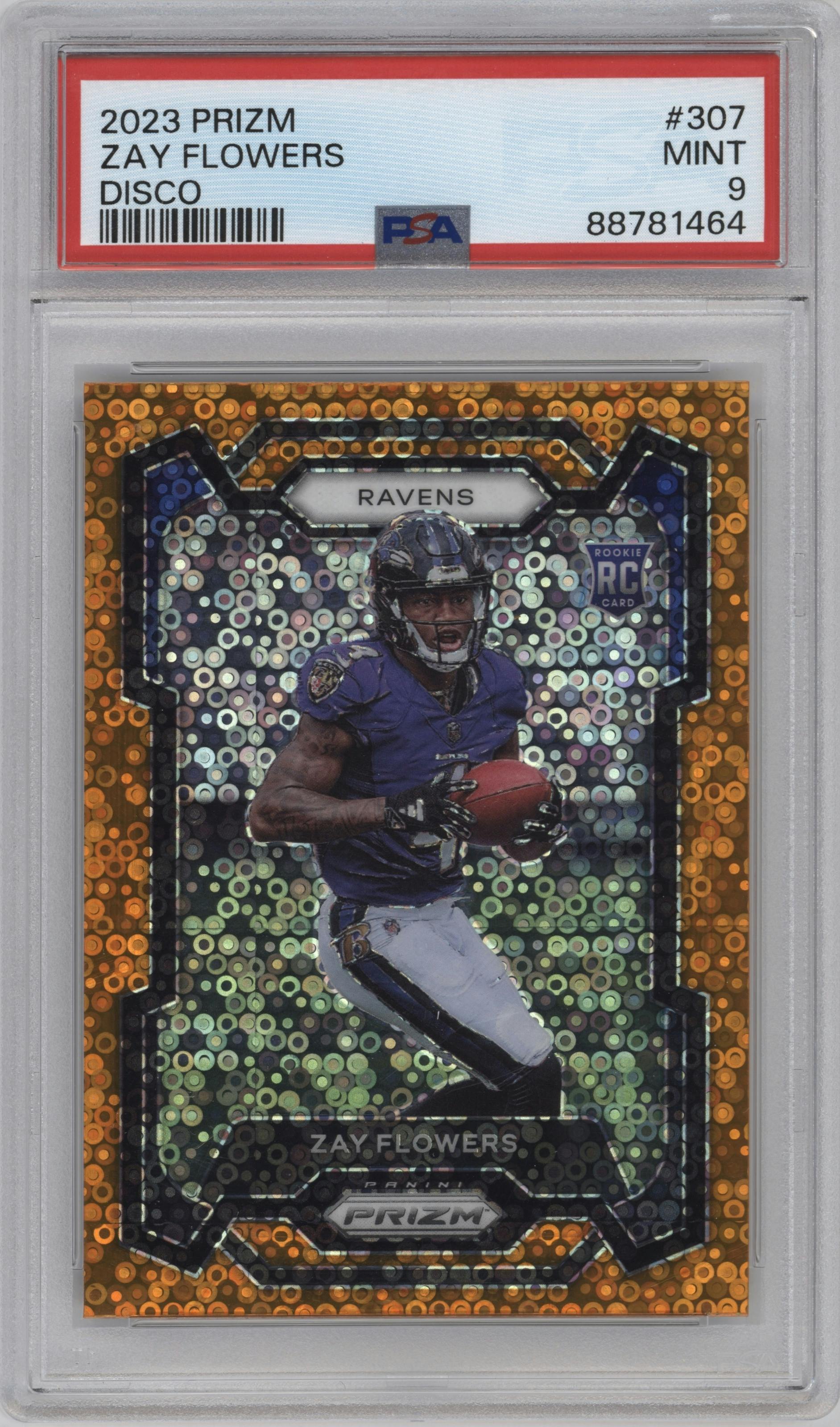 Zay Flowers  from the 2023 Panini Prizm set featuring a Disco parallel graded by PSA and given an overall grade of 9.