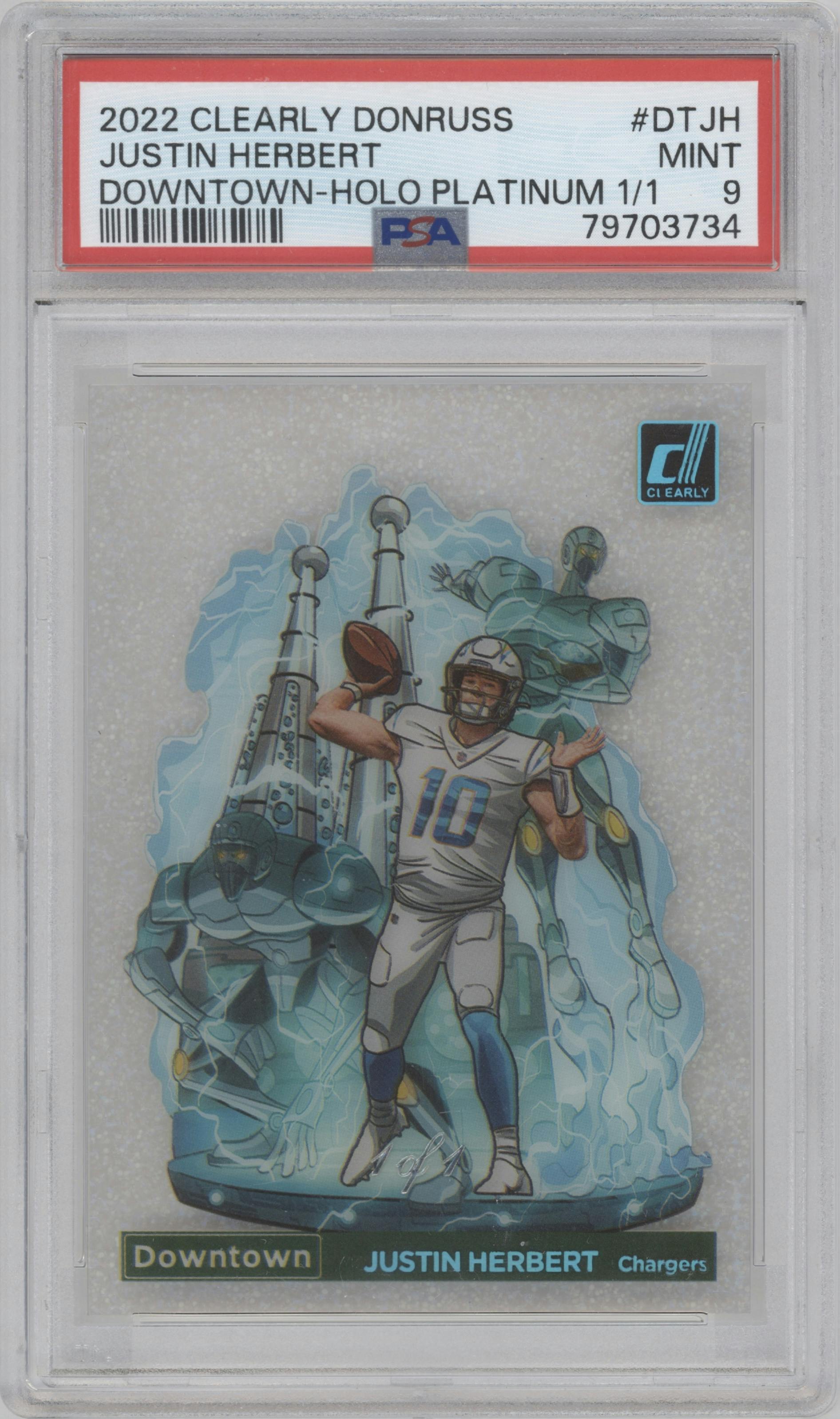 Justin Herbert  from the 2022 Clearly Donruss set featuring a Holo Platinum  parallel graded by PSA and given an overall grade of 9.