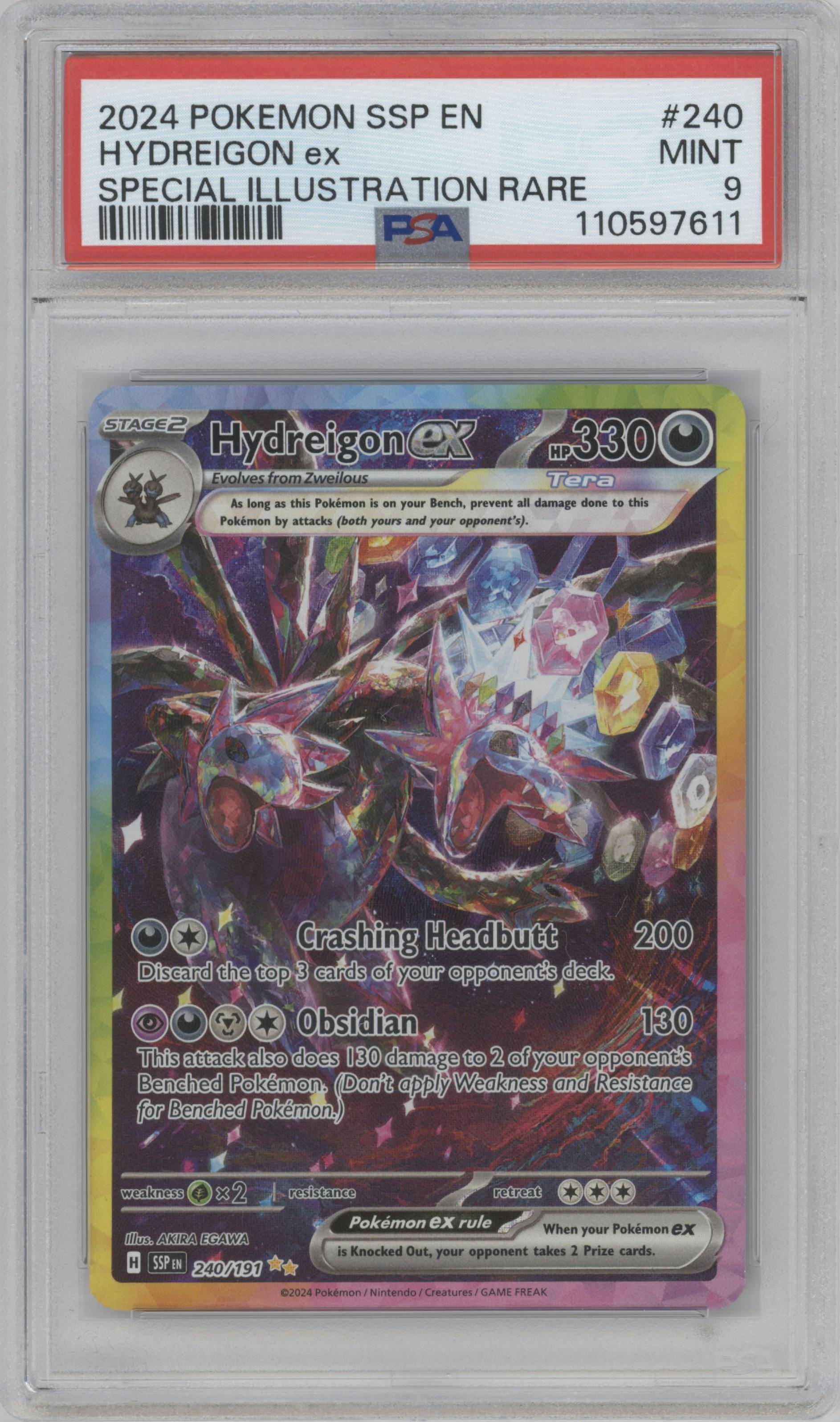 Hydreigon ex from the 2024 Pokemon SV set graded by PSA and given an overall grade of 9.