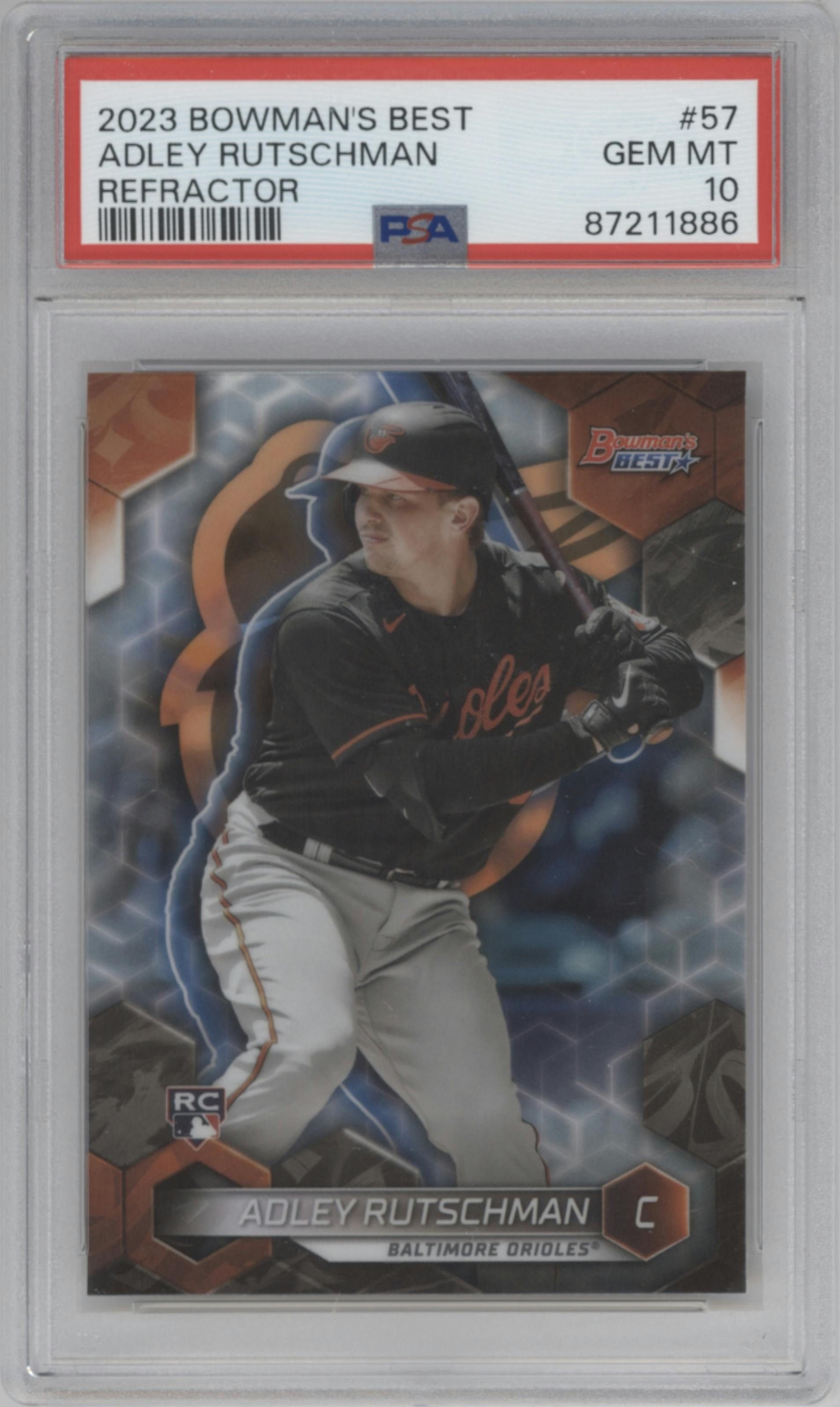 Adley Rutschman from the 2023 Bowman's Best set featuring a Refractor parallel graded by PSA and given an overall grade of 10.