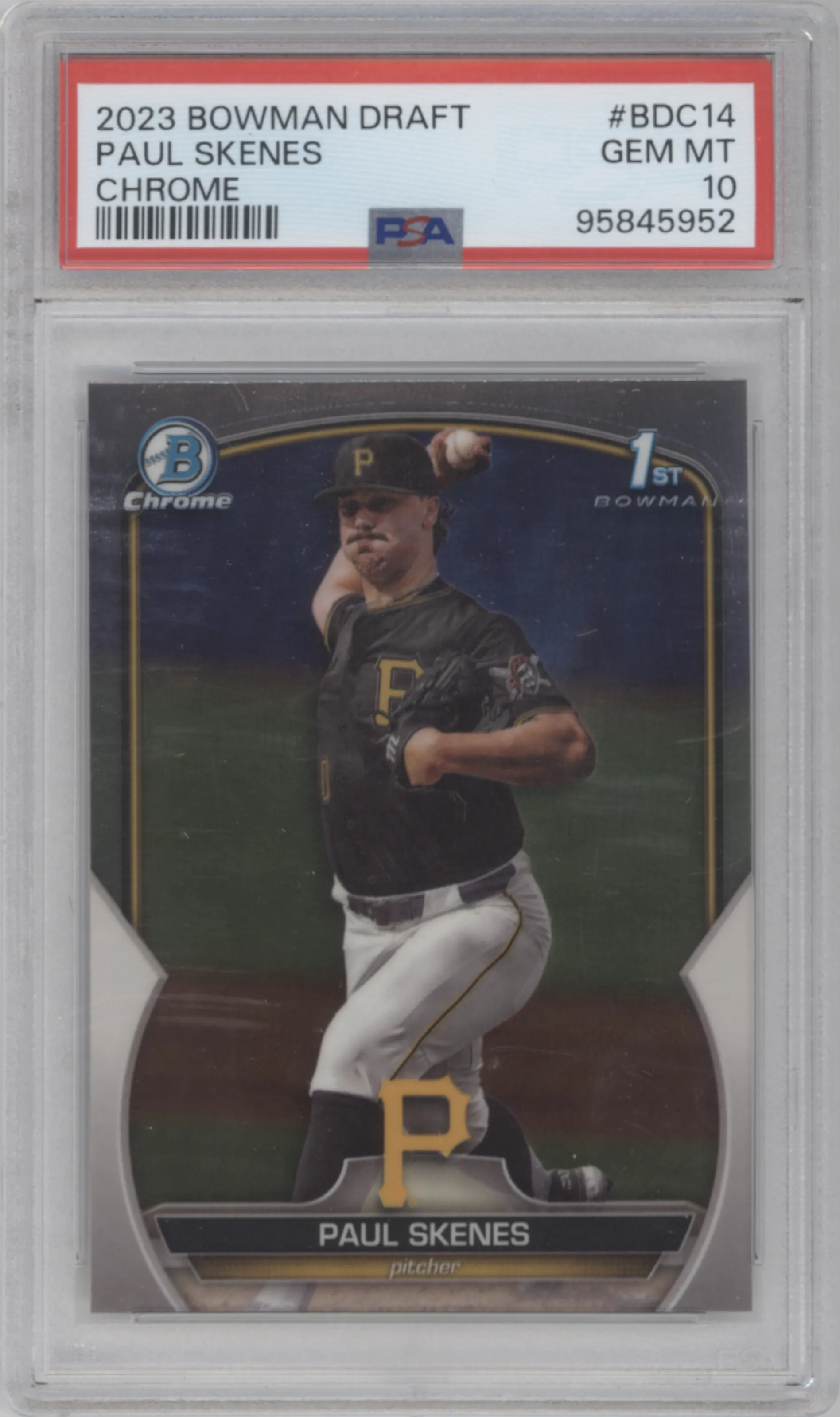 Paul Skenes from the 2023 Bowman Draft set graded by PSA and given an overall grade of 10.