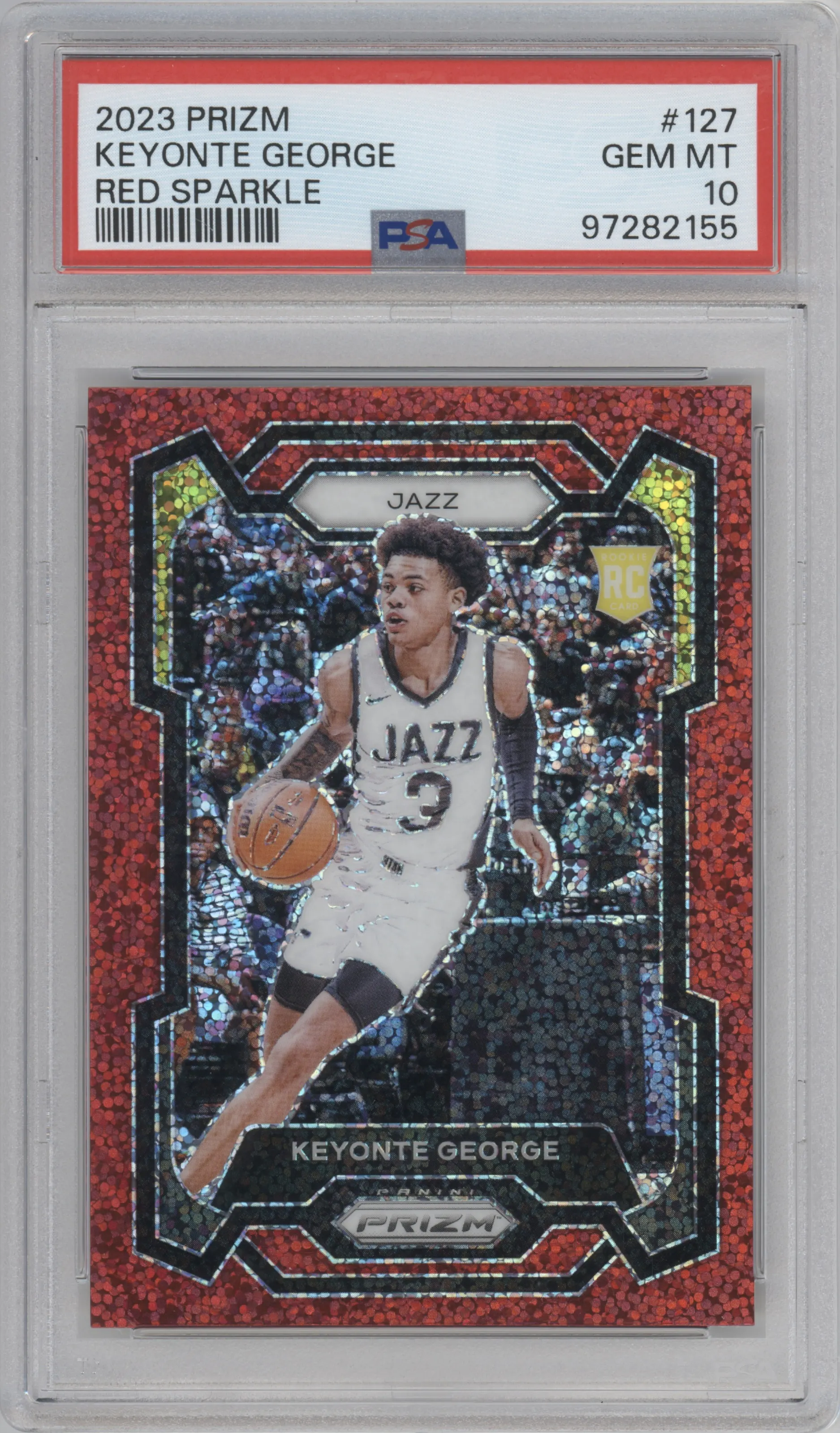 Keyonte George from the 2023-24 Panini Prizm set featuring a Red Sparkle parallel graded by PSA and given an overall grade of 10.