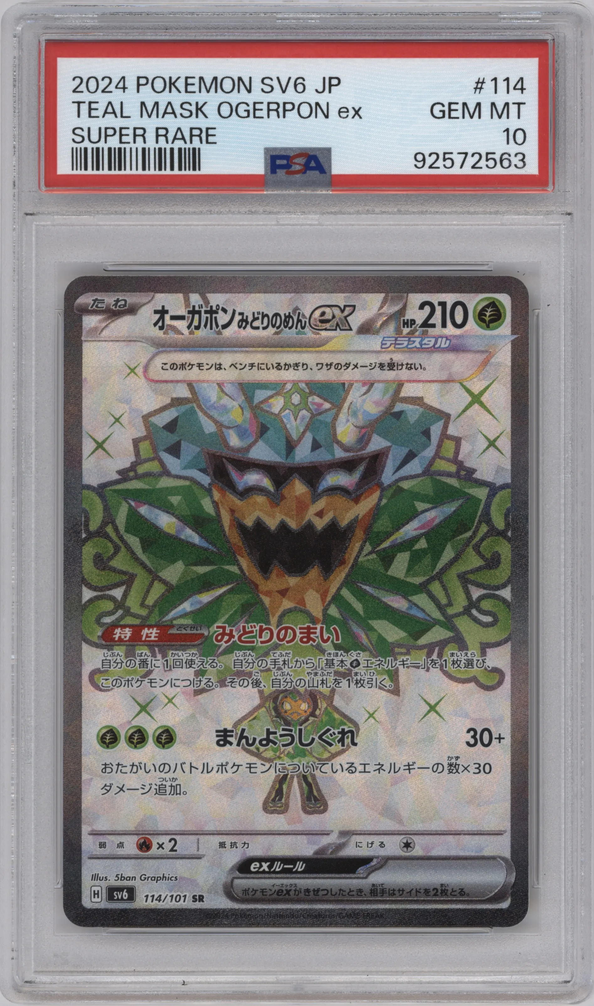 Teal Mask Ogerpon ex from the 2024 Pokemon SV JPN set graded by PSA and given an overall grade of 10.