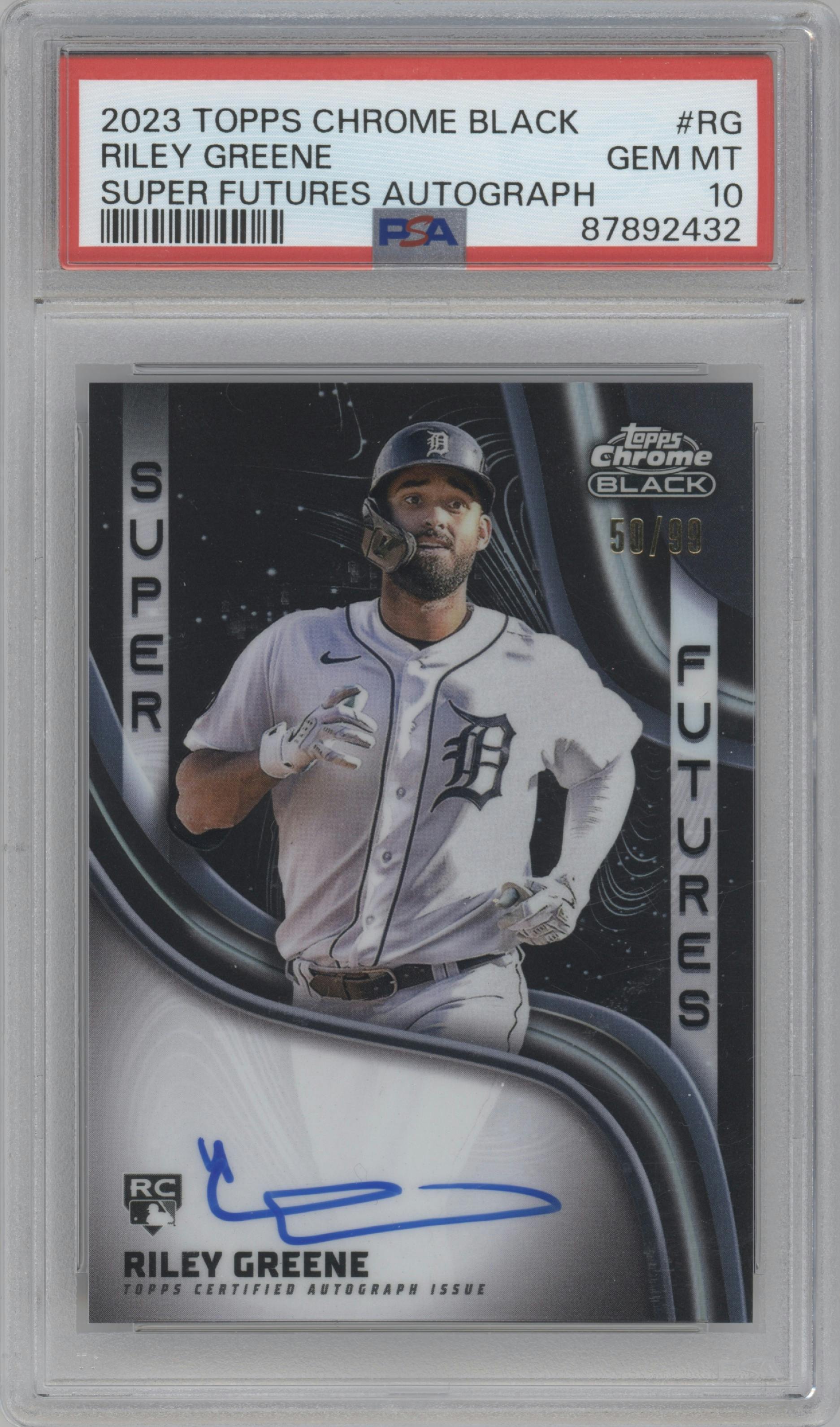 Riley Greene from the 2023 Topps Chrome Black set graded by PSA and given an overall grade of 10.