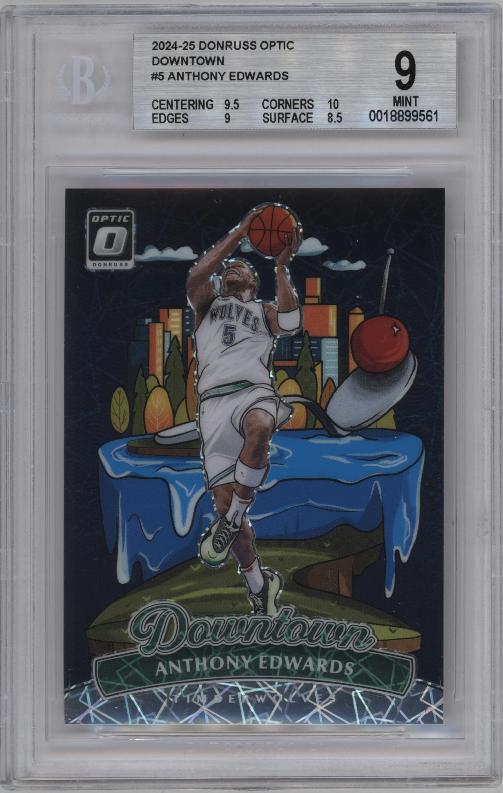 Anthony Edwards from the 2024-25 Donruss Optic set graded by Beckett and given an overall grade of 9.