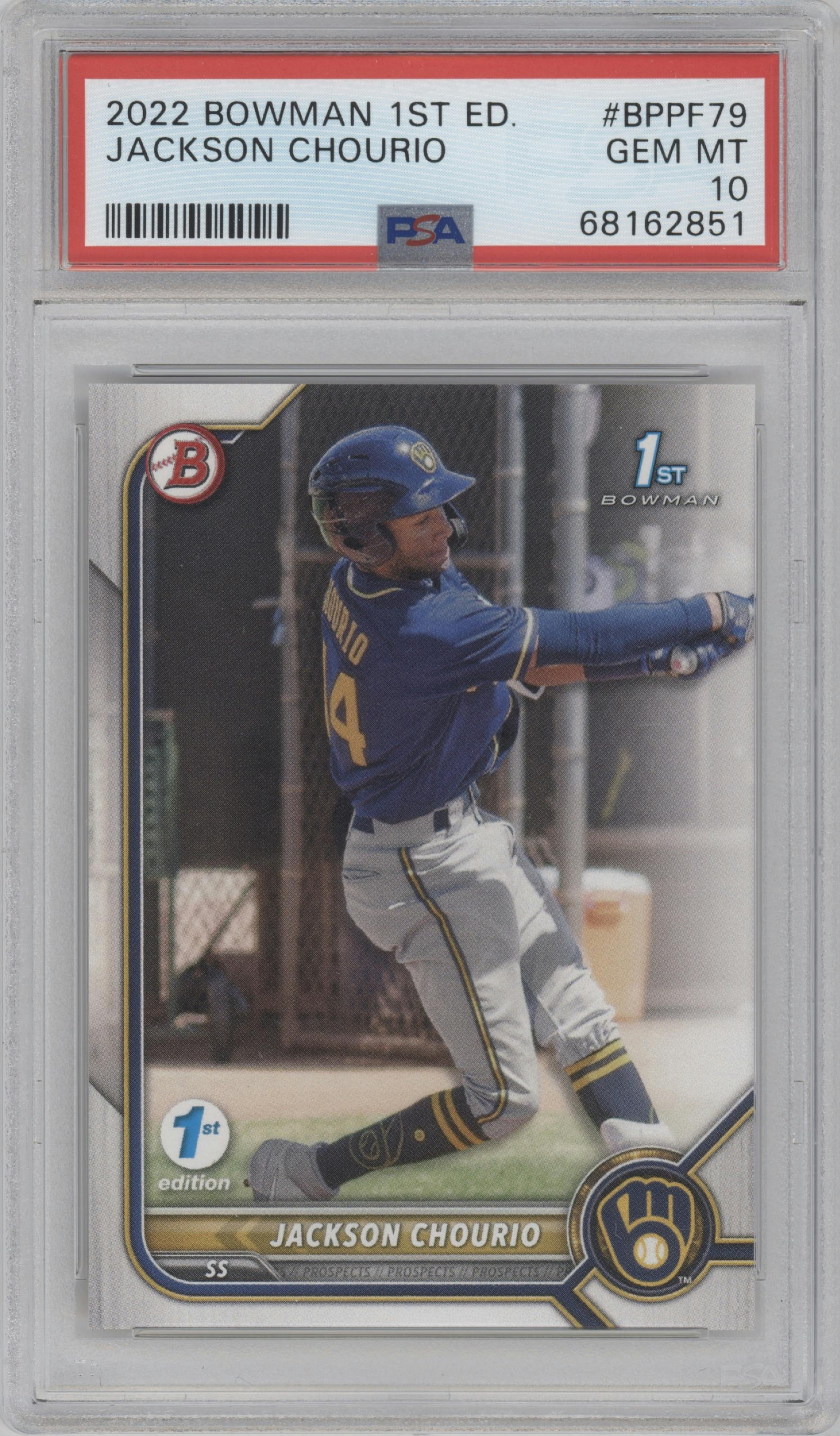 Jackson Chourio from the 2022 Bowman 1st Edition set graded by PSA and given an overall grade of 10.