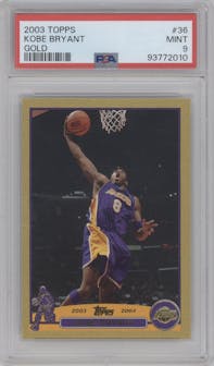 Kobe Bryant from the 2003-04 Topps set featuring a Gold parallel graded by PSA and given an overall grade of 9.