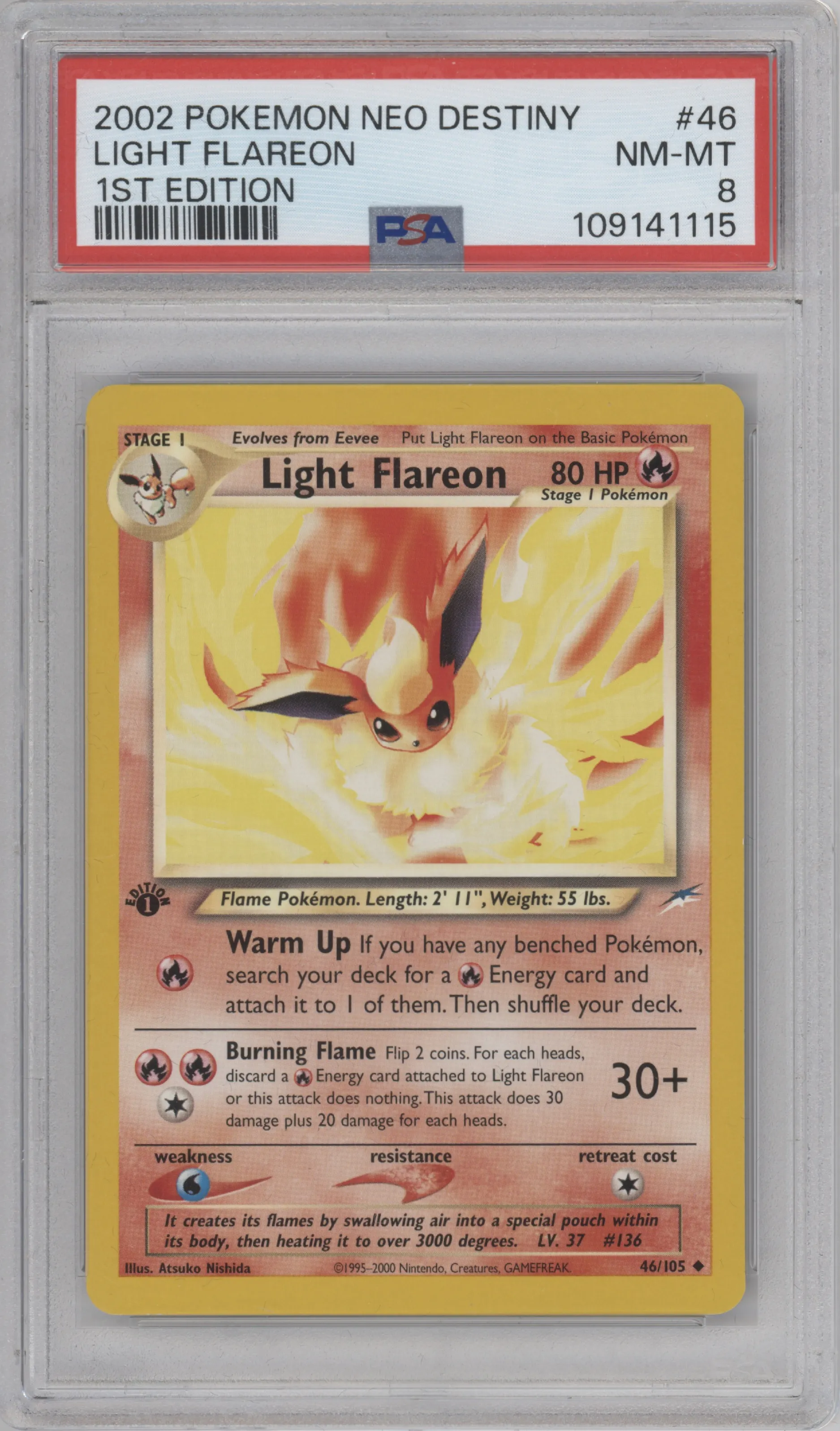 Light Flareon from the 2002 Pokemon Neo Genesis set graded by PSA and given an overall grade of 8.