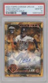 Jung Hoo Lee from the 2024 Topps Chrome Update Sapphire Edition set featuring a Gold Refractor parallel graded by PSA and given an overall grade of 10.