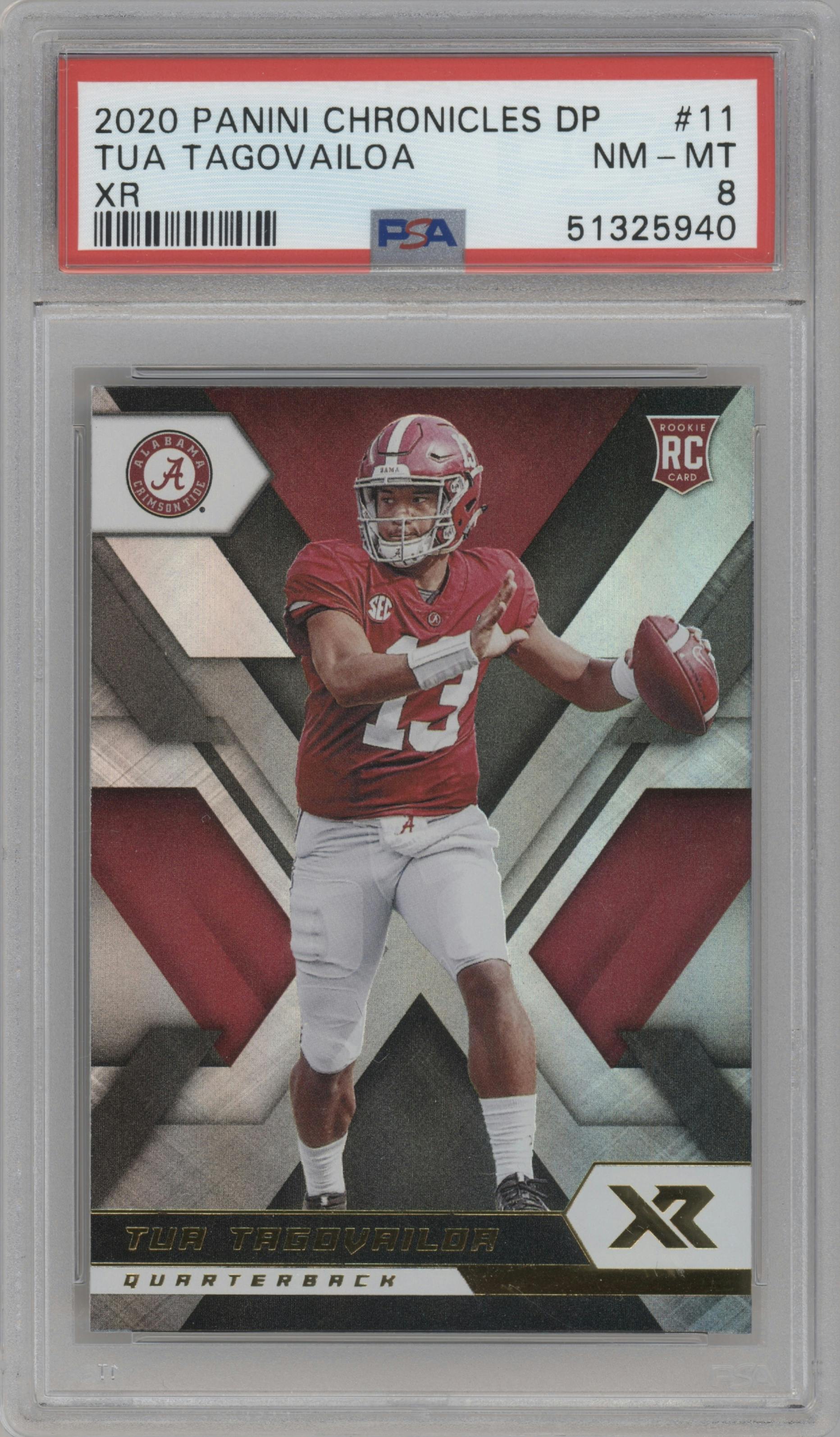 Tua Tagovailoa from the 2020 Panini Chronicles Draft Picks  set graded by PSA and given an overall grade of 8.