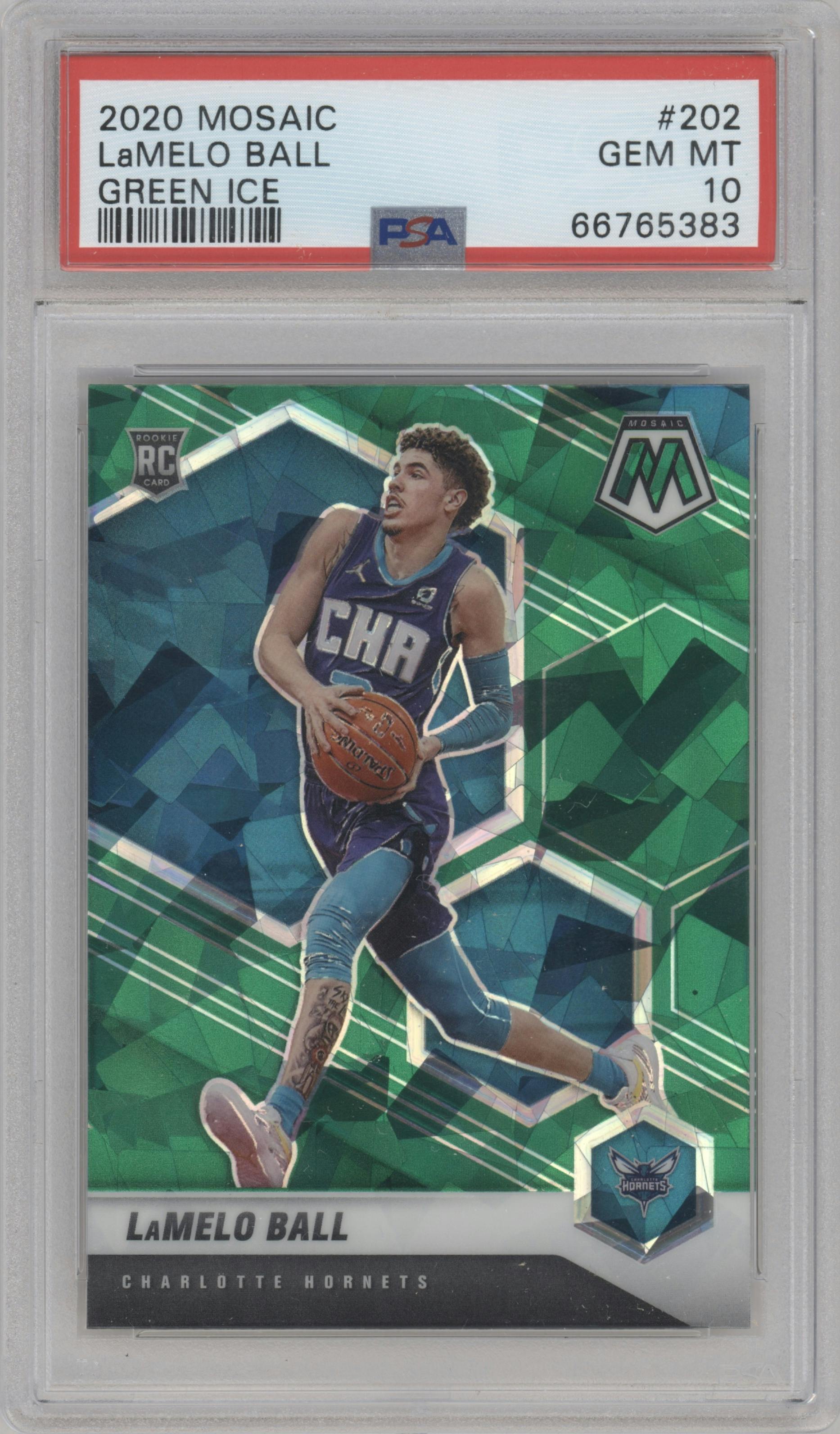 LaMelo Ball from the 2020-21 Panini Mosaic set featuring a Green Ice parallel graded by PSA and given an overall grade of 10.