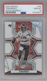Tom Brady from the 2022 Panini Mosaic set featuring a White Sparkle parallel graded by PSA and given an overall grade of 10.