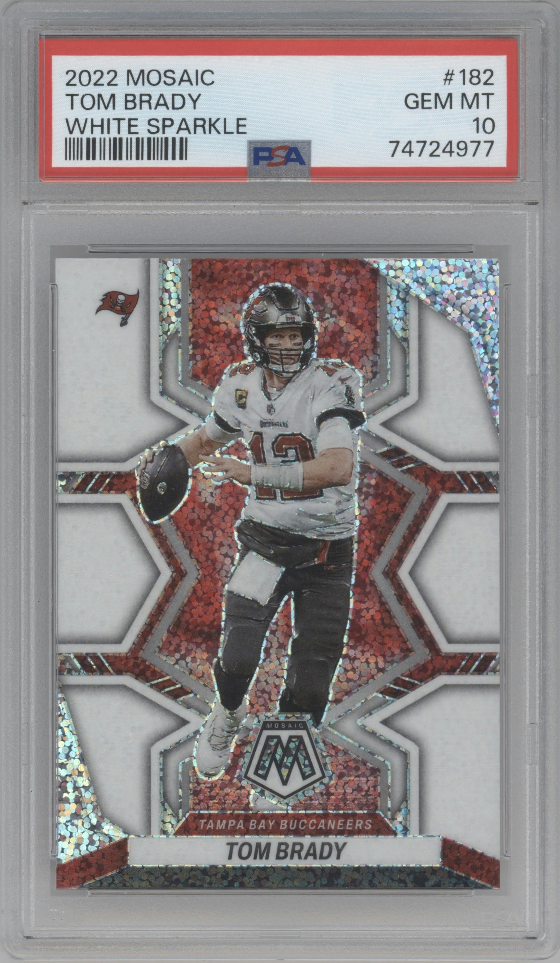 Tom Brady from the 2022 Panini Mosaic set featuring a White Sparkle parallel graded by PSA and given an overall grade of 10.