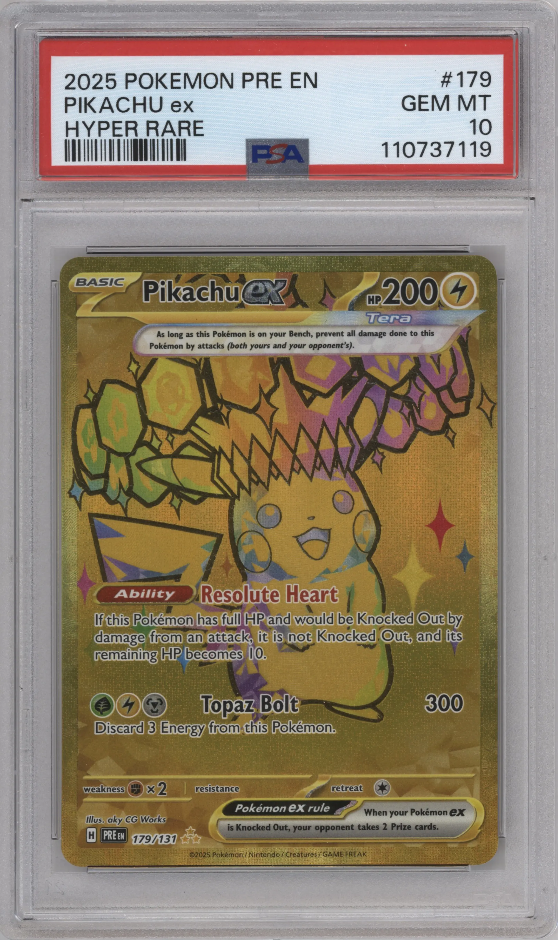 Pikachu ex from the 2025 Pokemon SV set graded by PSA and given an overall grade of 10.
