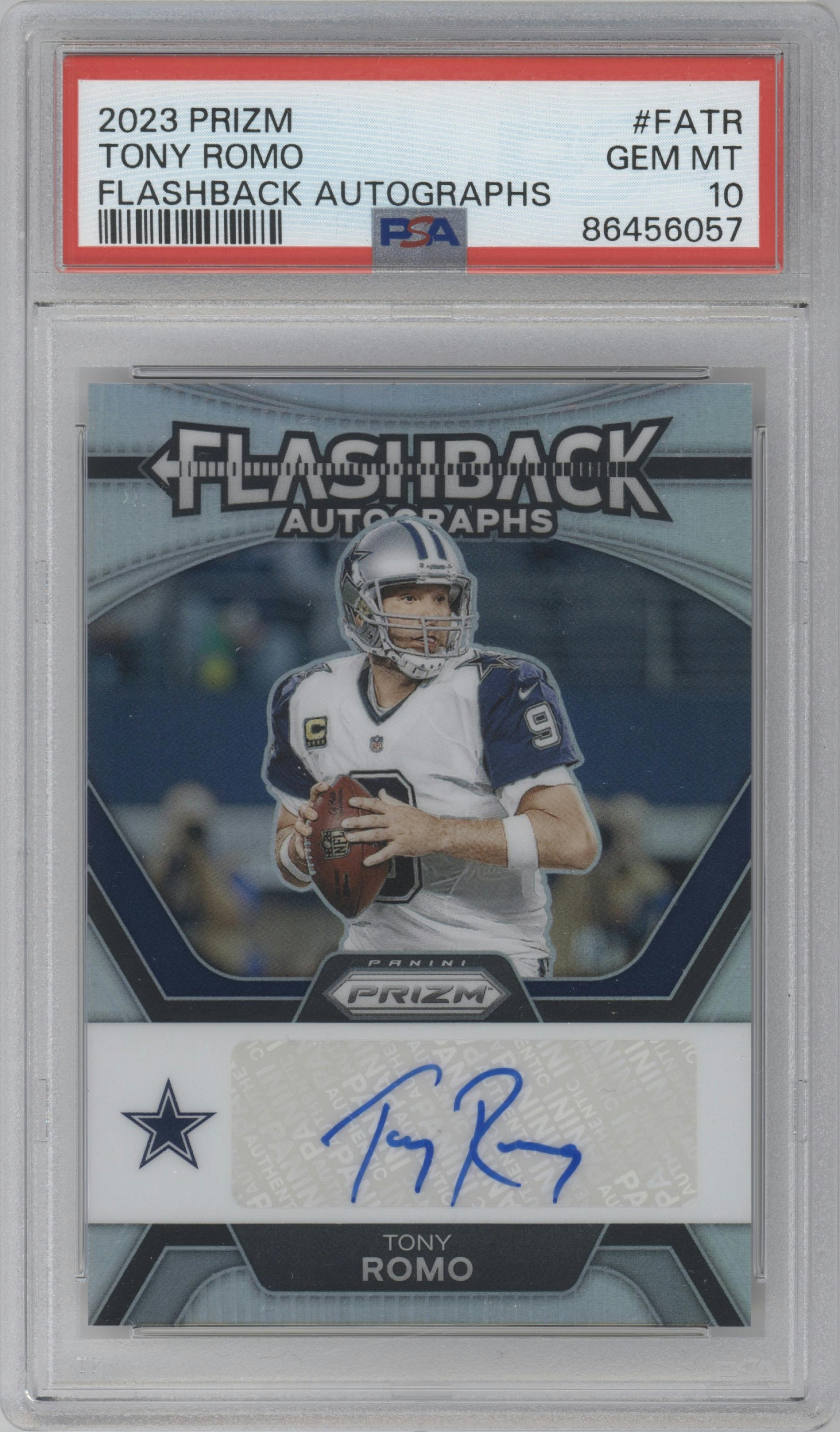 Tony Romo from the 2023 Panini Prizm set graded by PSA and given an overall grade of 10.