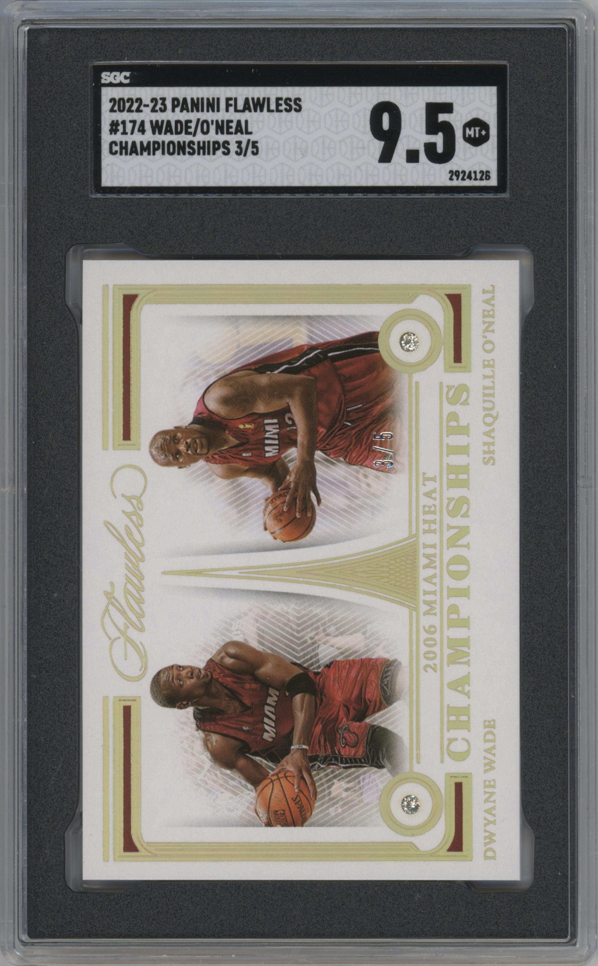 Dwyane Wade/Shaquille O'Neal from the 2022-23 Panini Flawless set graded by SGC and given an overall grade of 9.5.