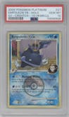 Empoleon FB from the 2009 Pokemon Platinum set featuring a Crosshatch Holo Pokémon League Darach Season parallel graded by PSA and given an overall grade of 10.