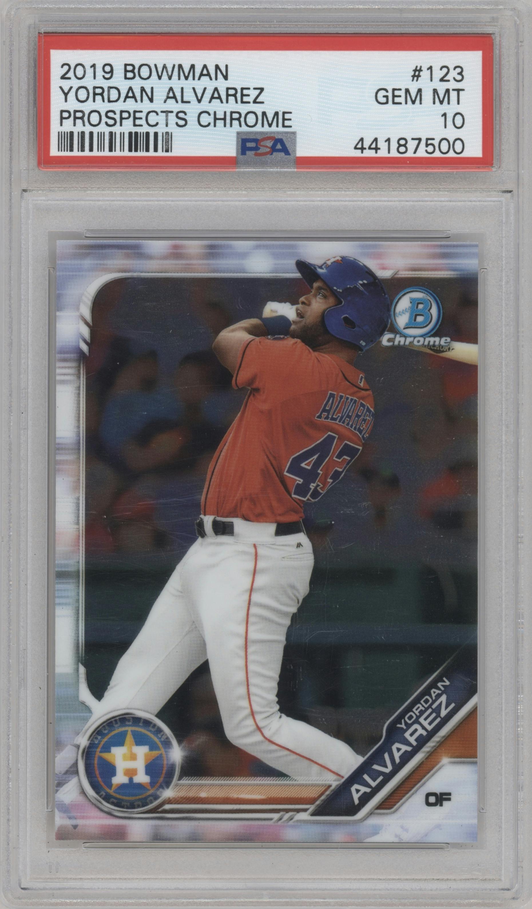 Yordan Alvarez from the 2019 Bowman  set graded by PSA and given an overall grade of 10.