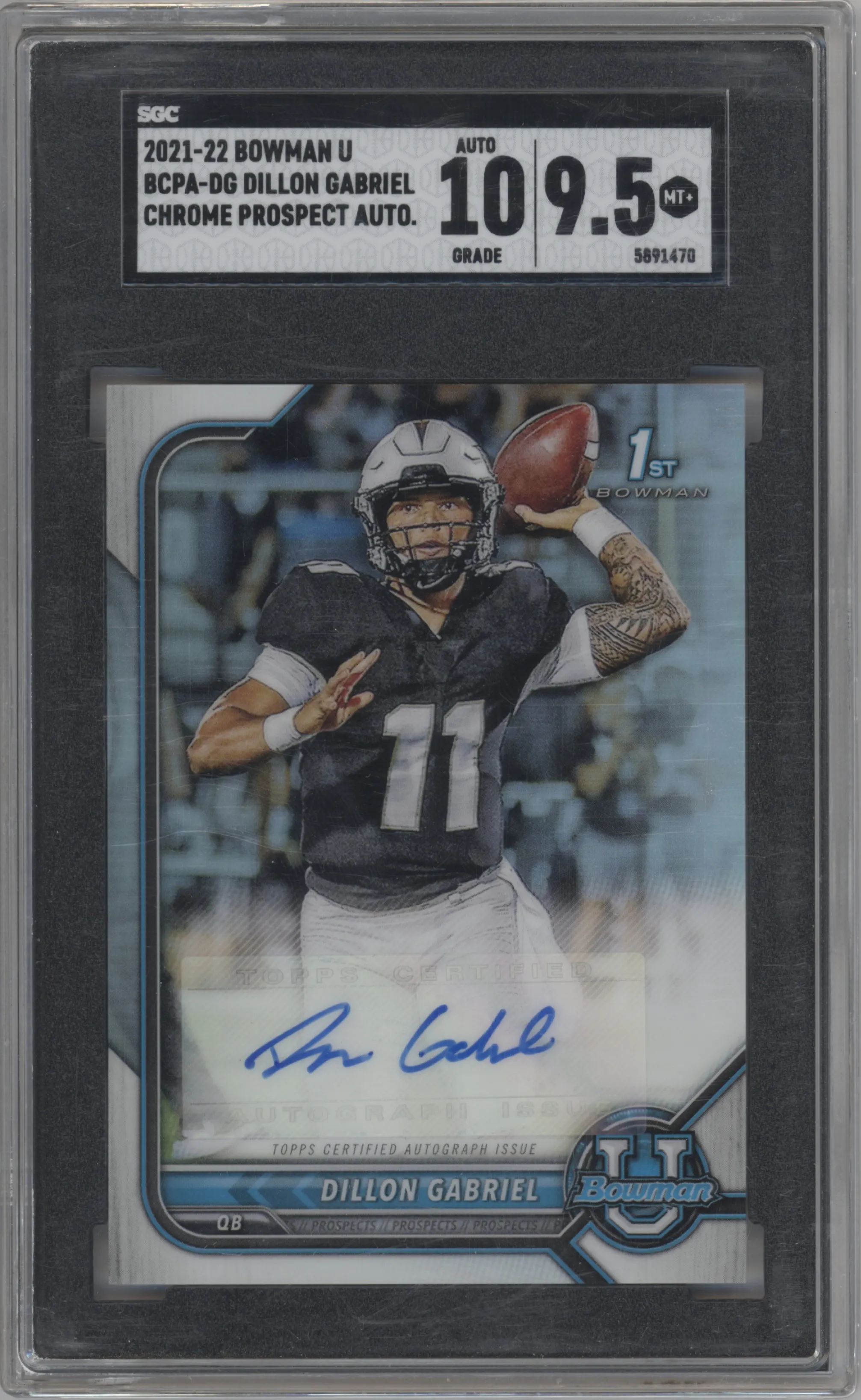 Dillon Gabriel from the 2021-22 Bowman University set graded by SGC and given an overall grade of 9.5.
