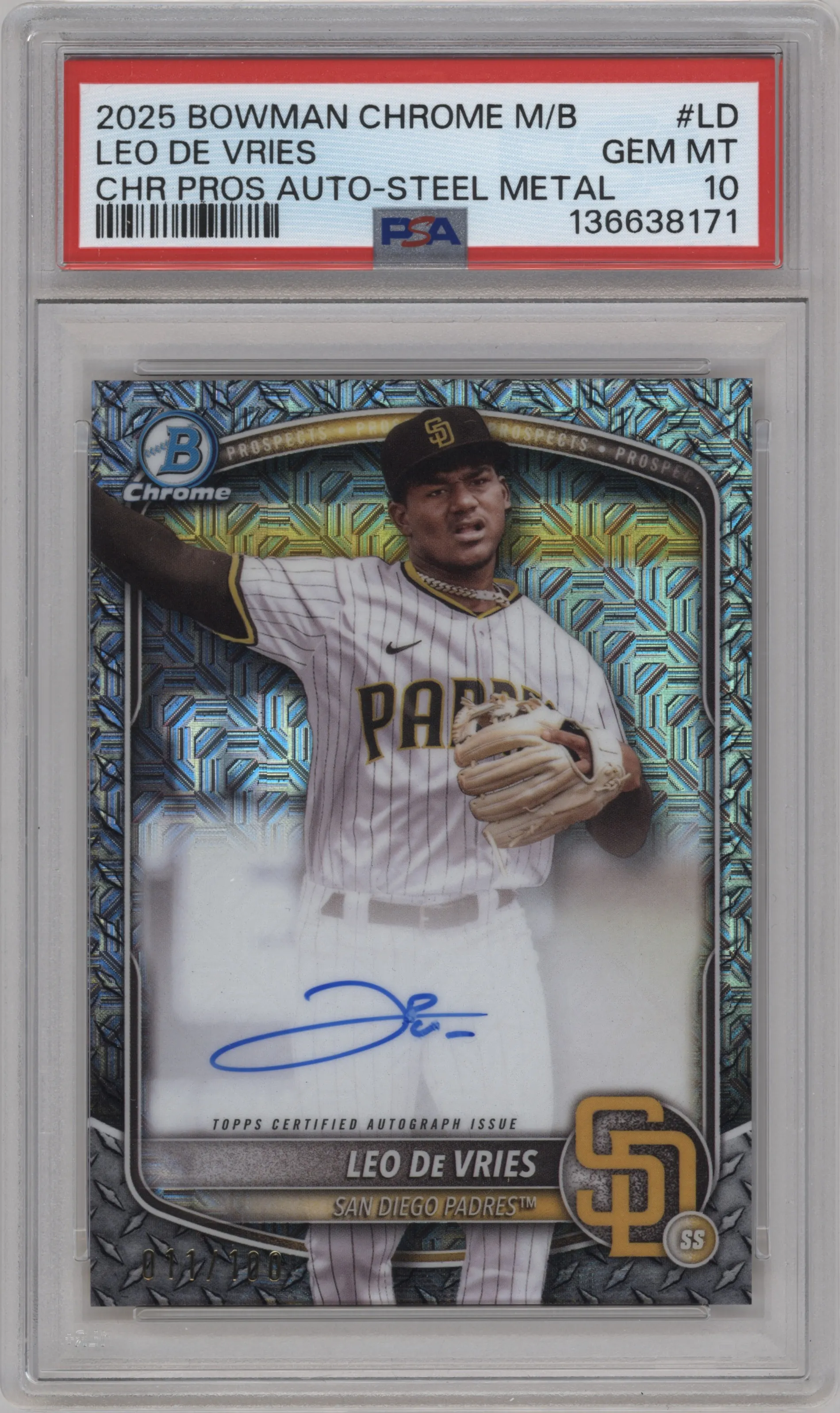 2025 Bowman Chrome Mega Box Chr.Pros.Auto Leo De Vries Steel Metal Mega Refractor PSA 10
