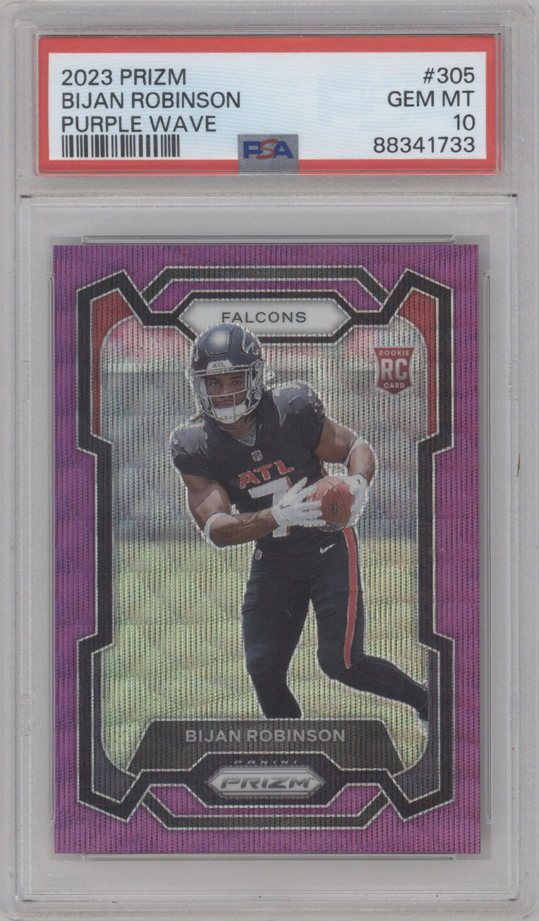 Bijan Robinson from the 2023 Panini Prizm set featuring a Purple Wave parallel graded by PSA and given an overall grade of 10.
