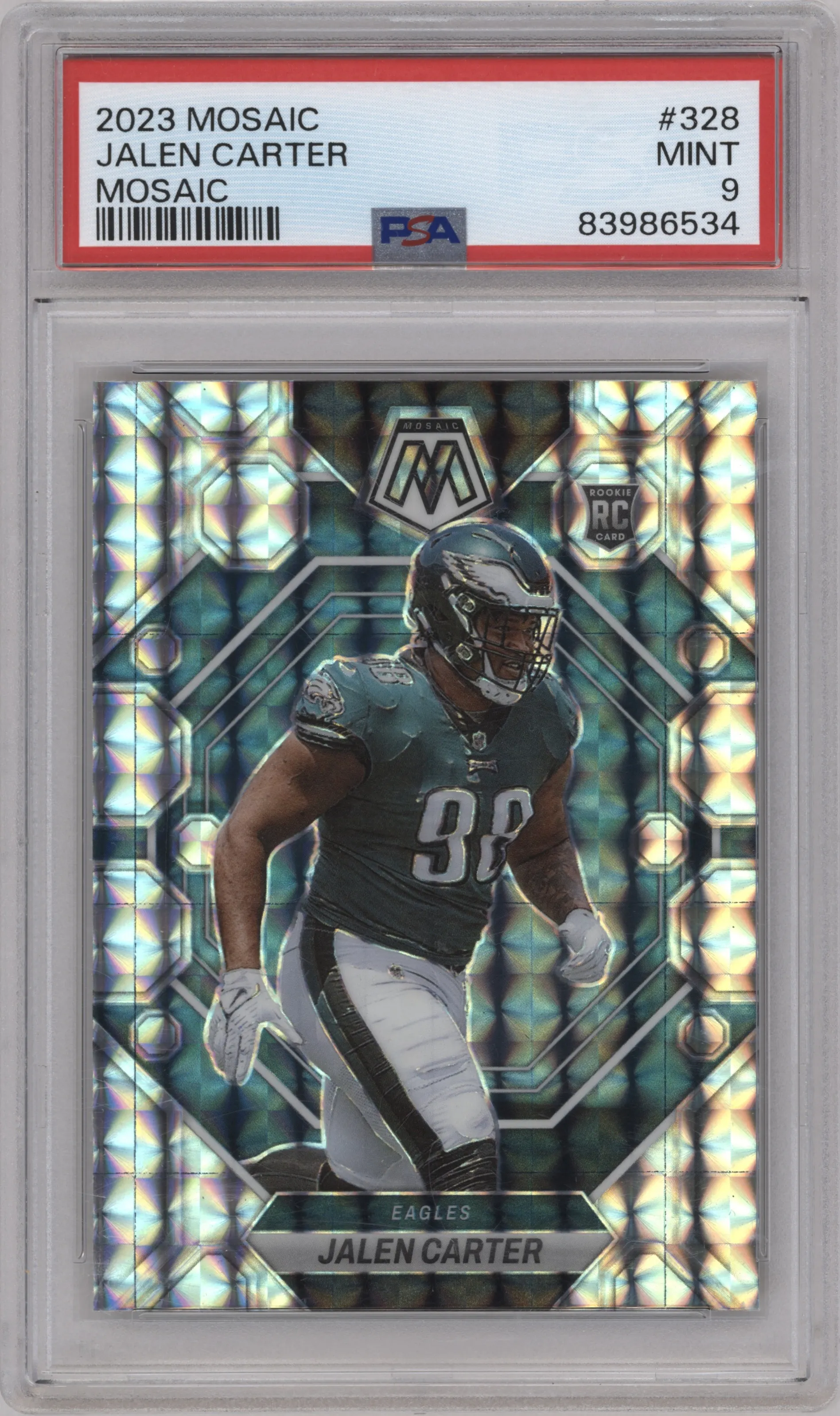 Jalen Carter from the 2023 Panini Mosaic set featuring a Mosaic parallel graded by PSA and given an overall grade of 9.