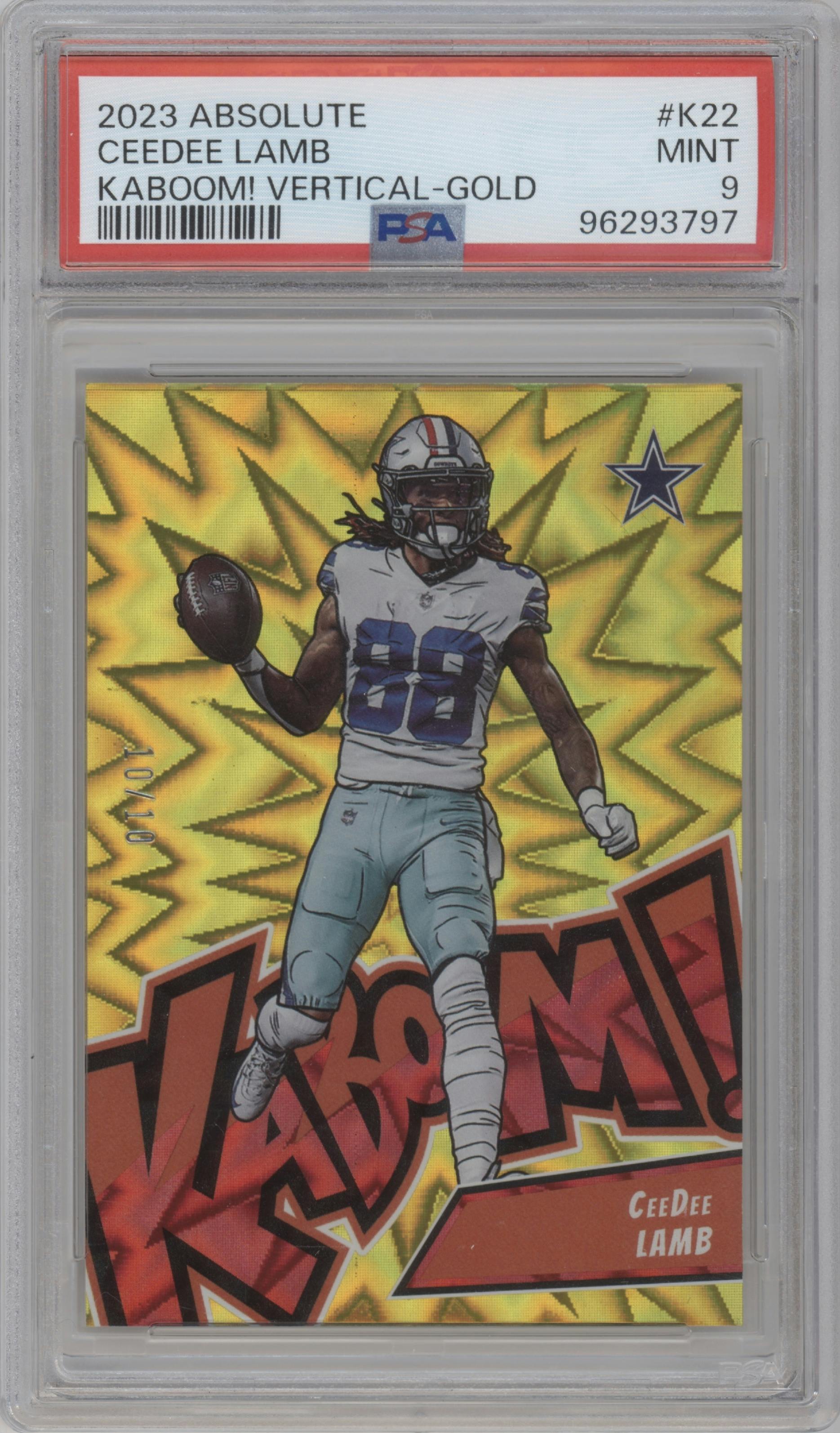 CeeDee Lamb from the 2023 Panini Absolute set featuring a Gold parallel graded by PSA and given an overall grade of 9.