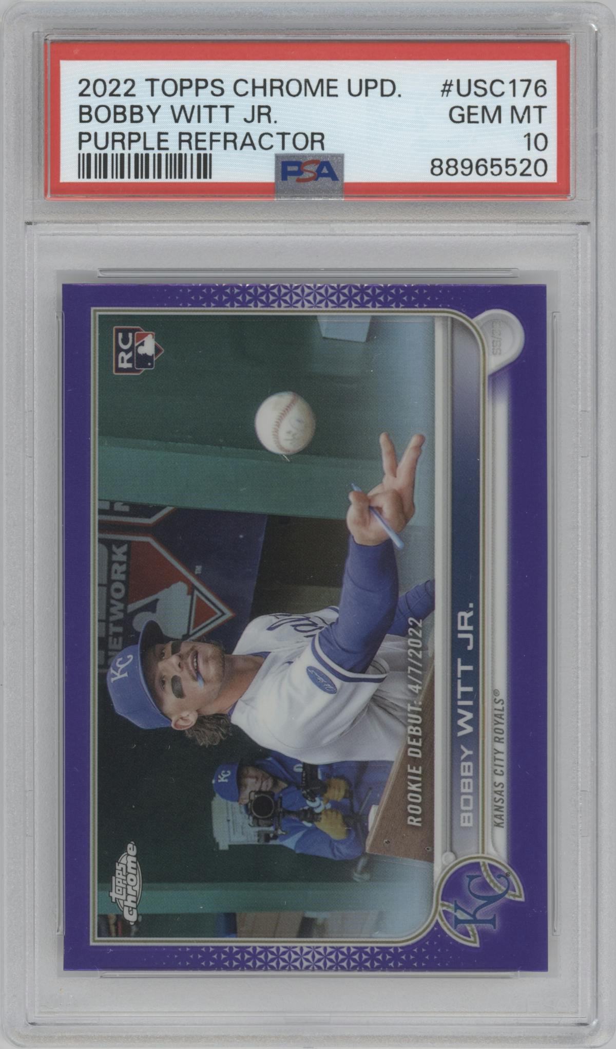 Bobby Witt Jr. from the 2022 Topps Chrome Update set featuring a Purple Refractor parallel graded by PSA and given an overall grade of 10.