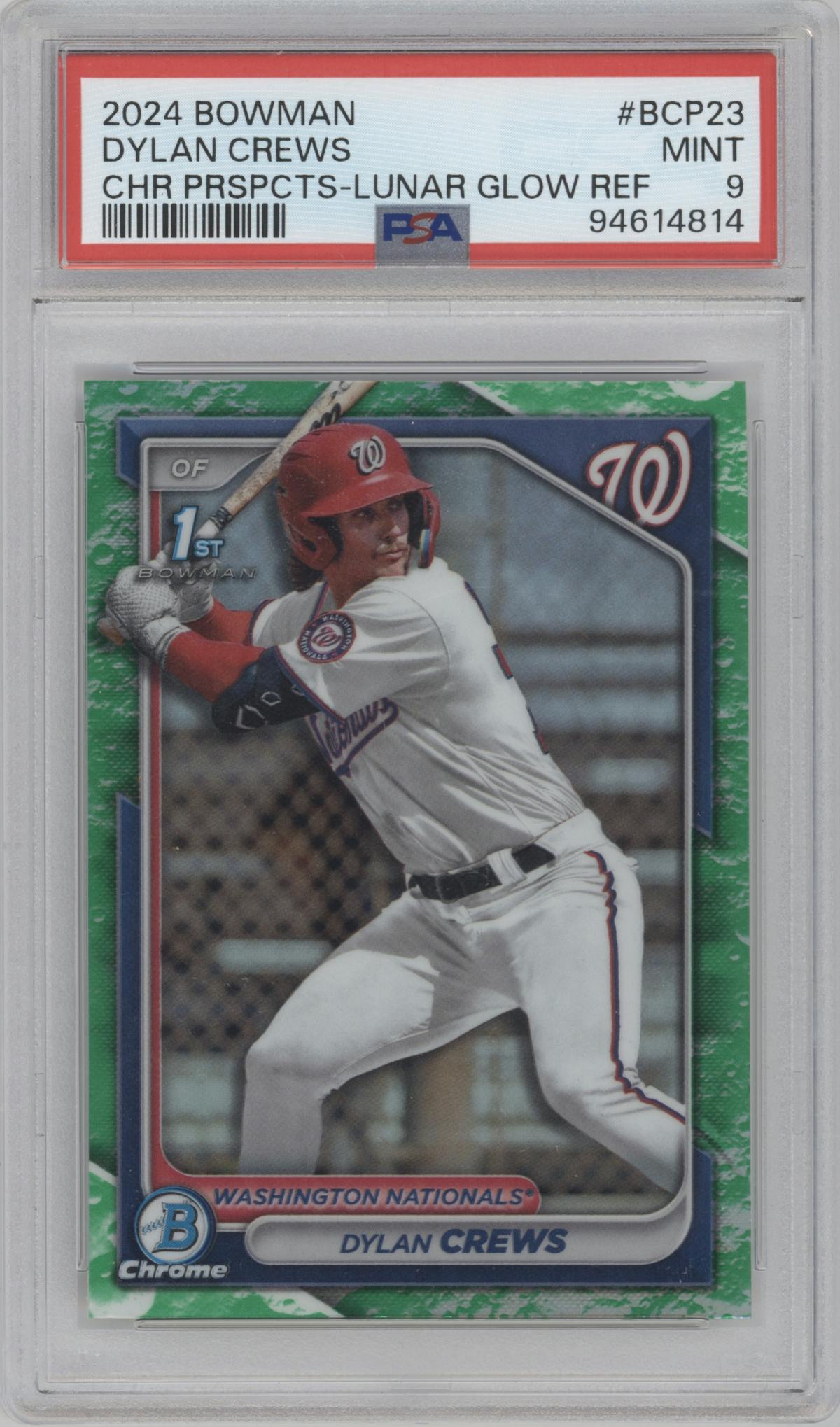 Dylan Crews from the 2024 Bowman set featuring a Lunar Glow Refractor parallel graded by PSA and given an overall grade of 9.