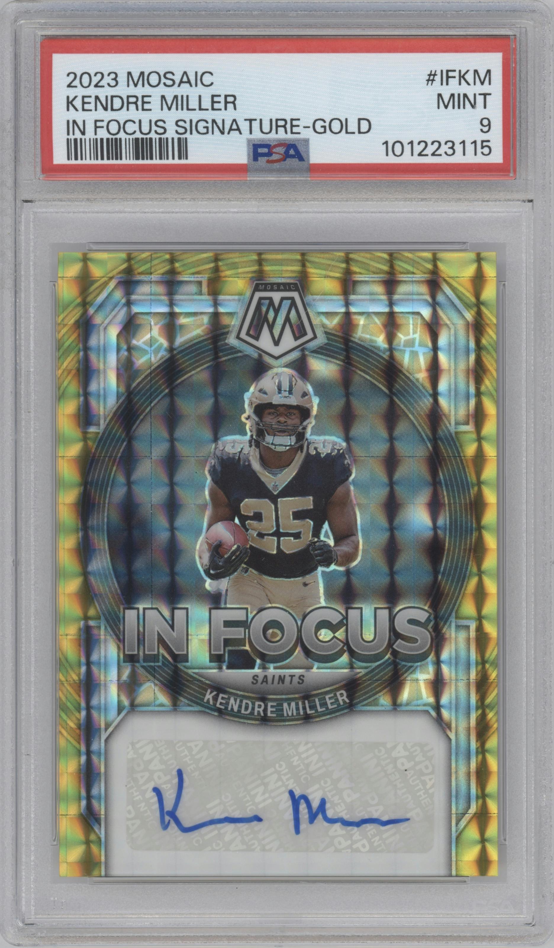 Kendre Miller from the 2023 Panini Mosaic set featuring a  Gold  parallel graded by PSA and given an overall grade of 9.