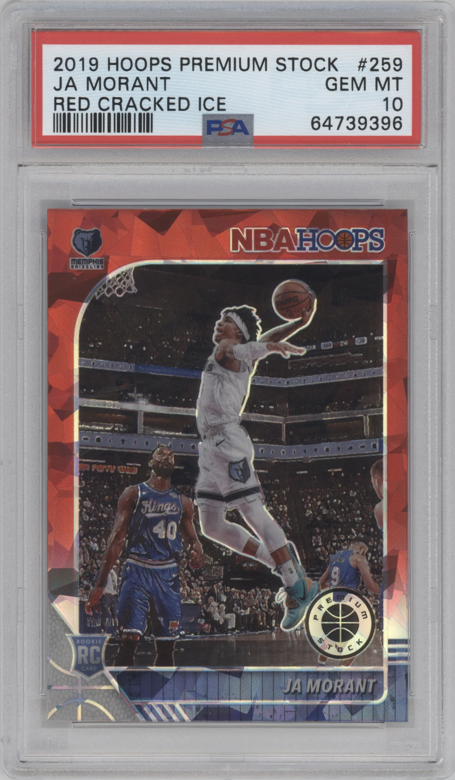 Ja Morant from the 2019-20 Panini Hoops Premium Stock set featuring a Red Cracked Ice parallel graded by PSA and given an overall grade of 10.