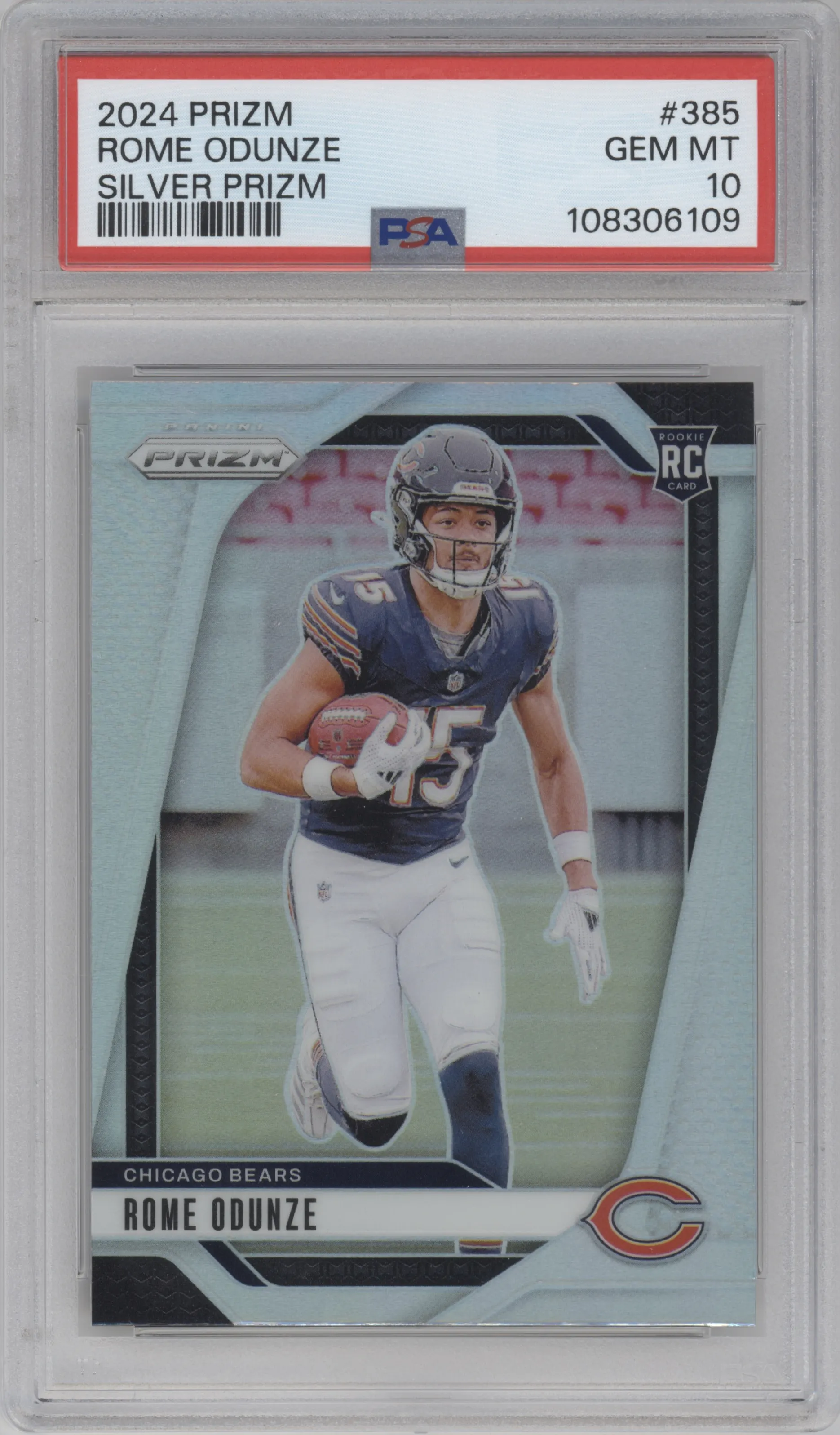 Rome Odunze from the 2024 Panini Prizm set featuring a Silver Prizm parallel graded by PSA and given an overall grade of 10.
