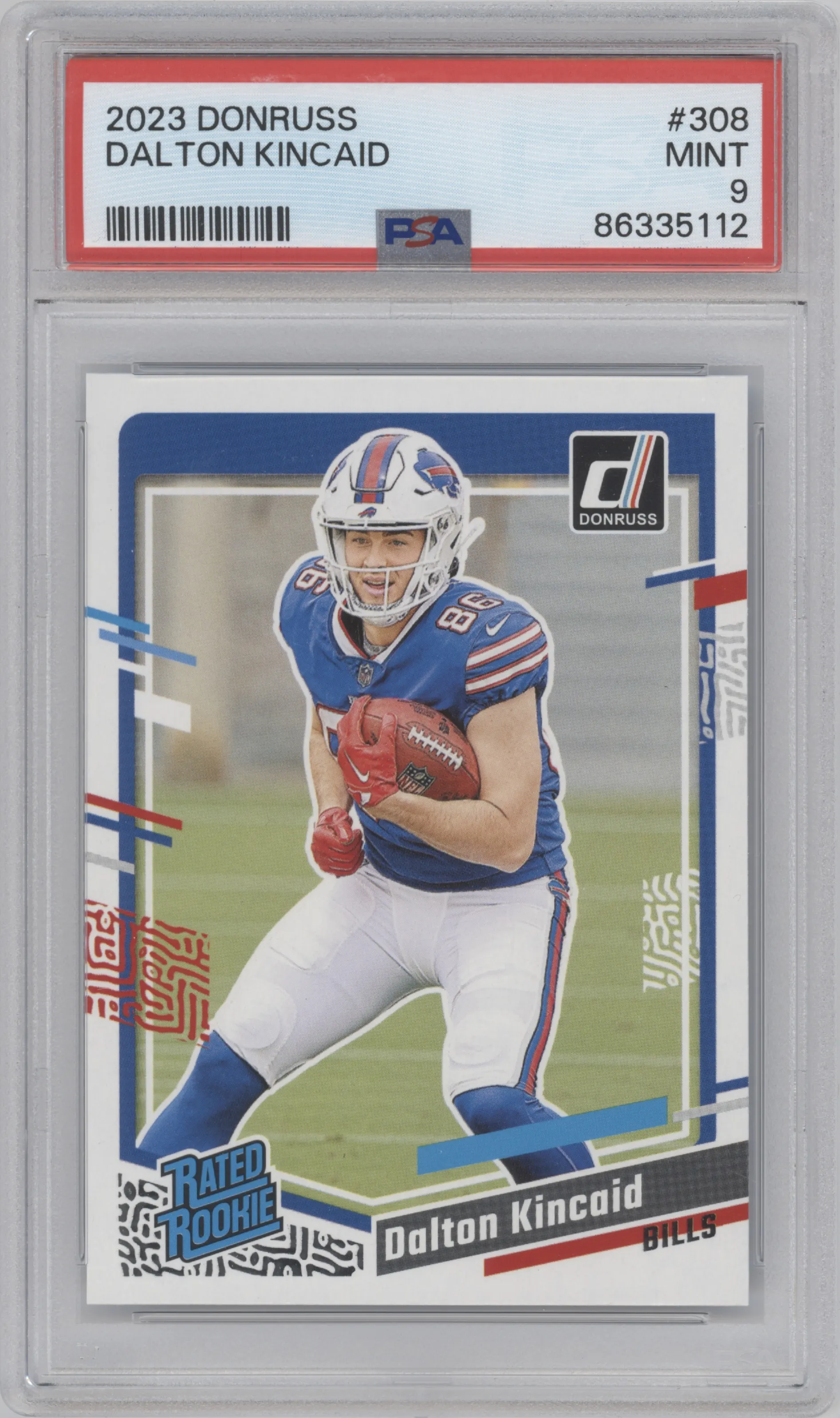 Dalton Kincaid from the 2023 Panini Donruss set graded by PSA and given an overall grade of 9.