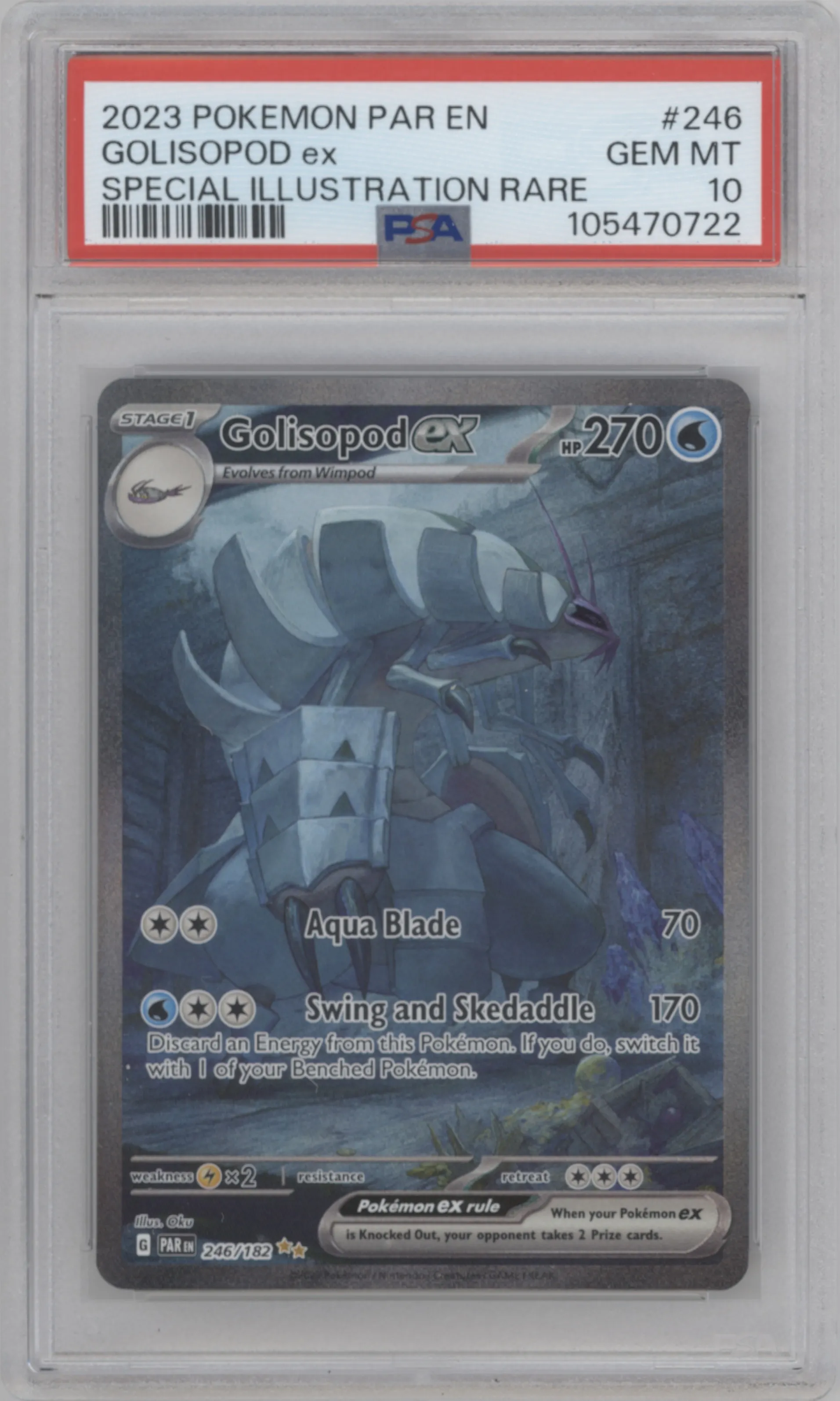 Golisopod ex from the 2023 Pokemon SV set graded by PSA and given an overall grade of 10.