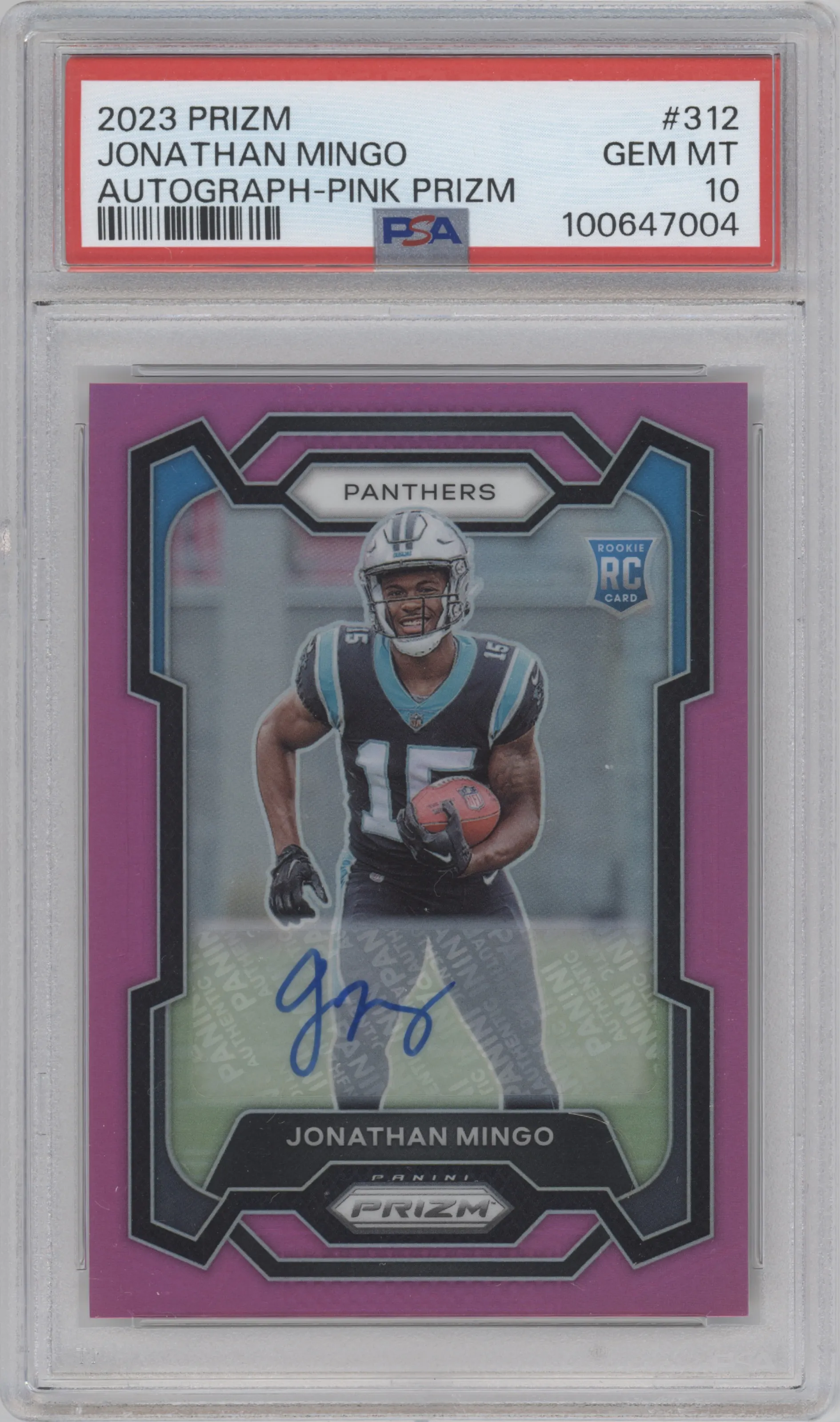 Jonathan Mingo from the 2023 Panini Prizm set featuring a Pink Prizm parallel graded by PSA and given an overall grade of 10.