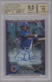 Willson Contreras from the 2016 Bowman set featuring a Purple Refractor parallel graded by Beckett and given an overall grade of 9.5.