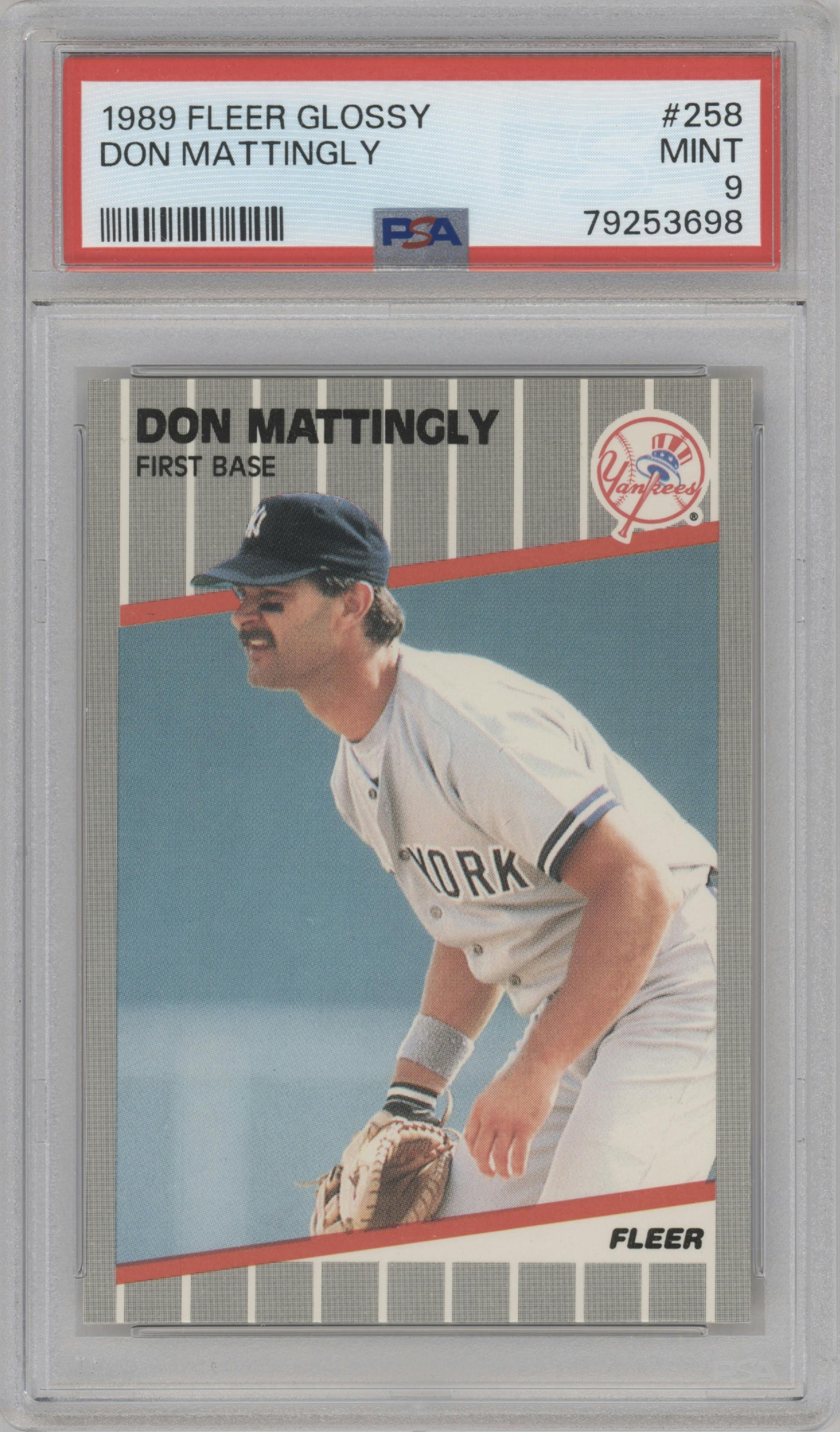 Don Mattingly from the 1989 Fleer set featuring a Glossy parallel graded by PSA and given an overall grade of 9.