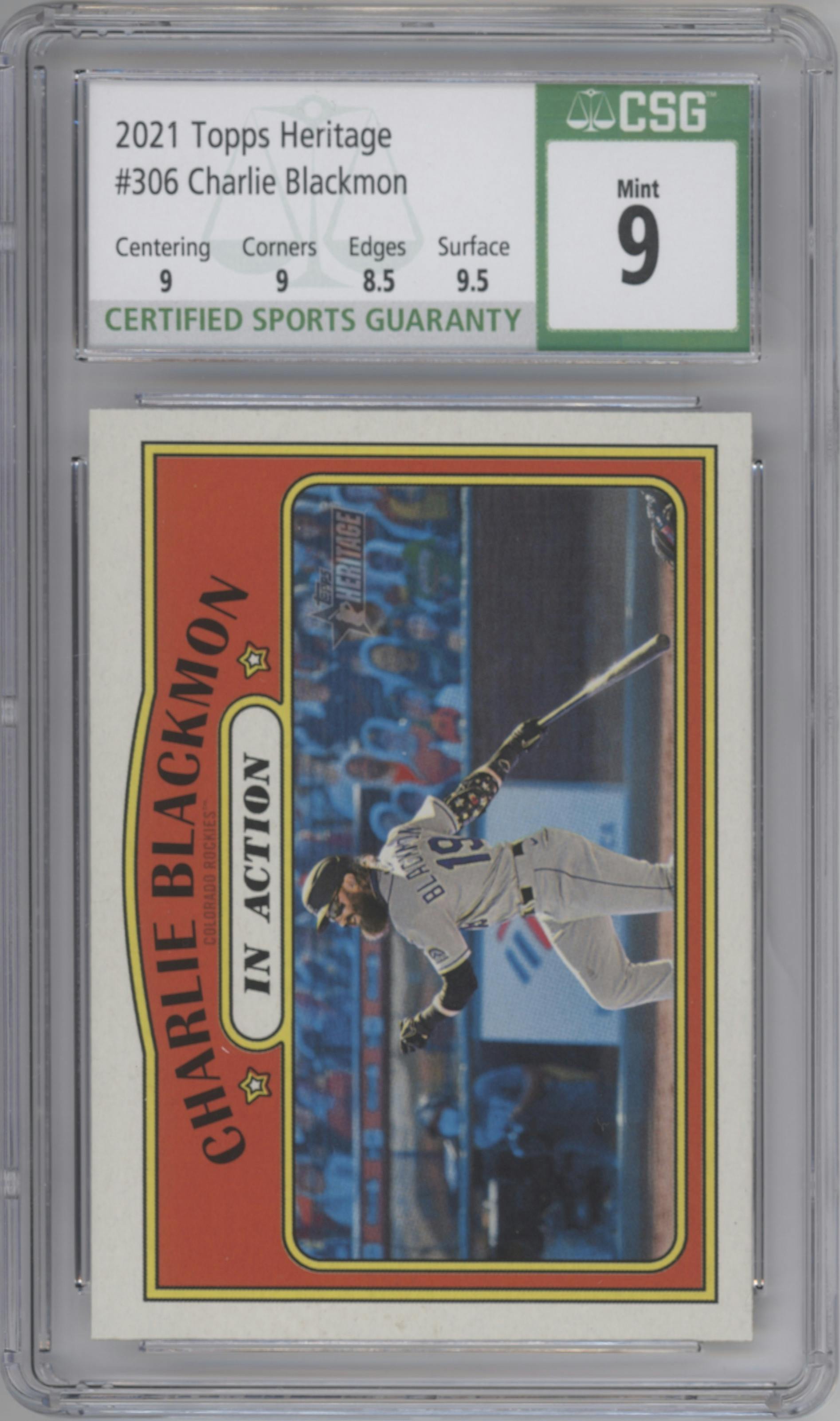 Charlie Blackmon from the 2021 Topps Heritage set graded by CSG and given an overall grade of 9.