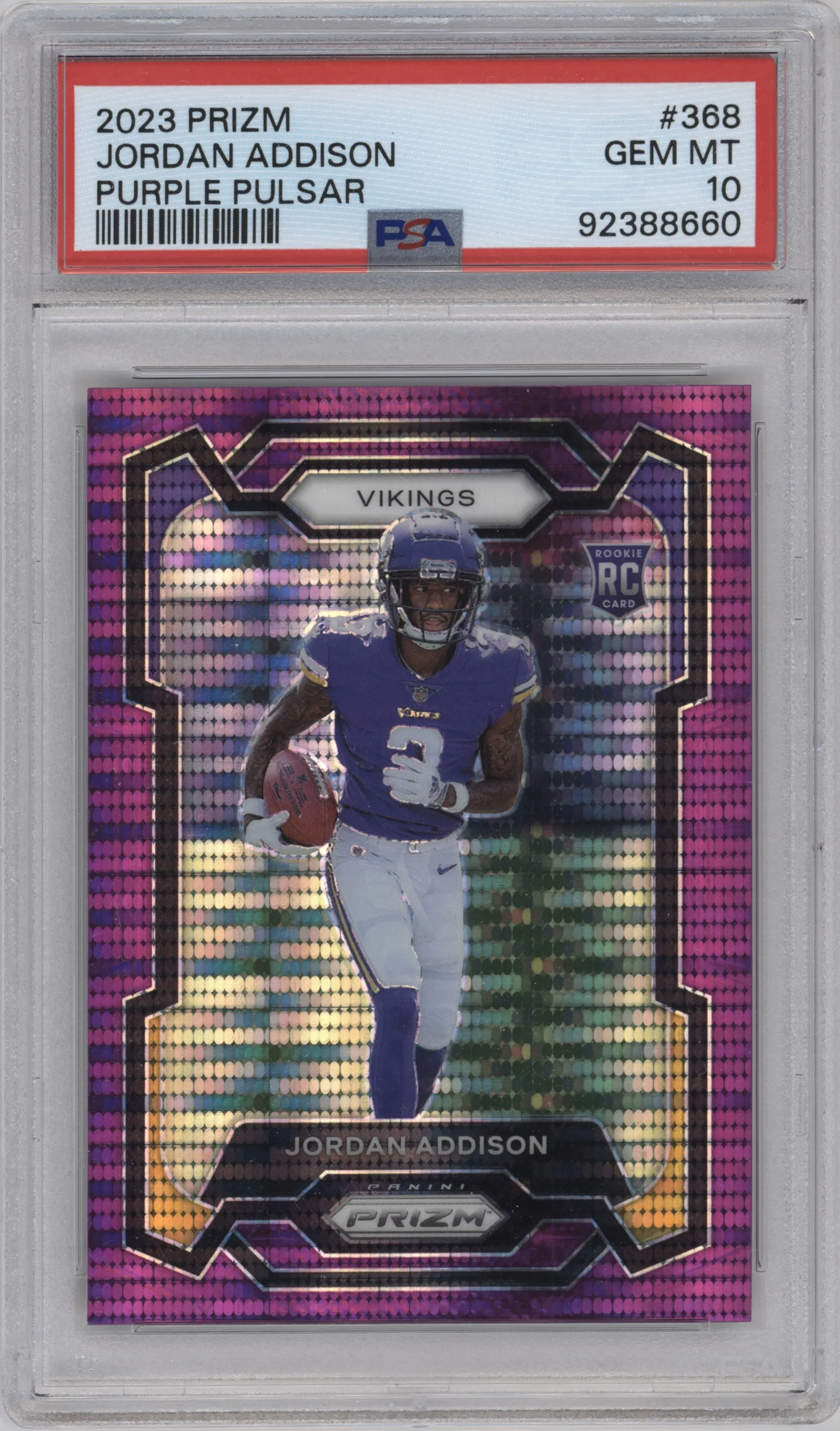 Jordan Addison from the 2023 Panini Prizm set featuring a Purple Pulsar parallel graded by PSA and given an overall grade of 10.
