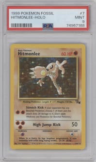 Hitmonlee from the 1999 Pokemon set graded by PSA and given an overall grade of 9.