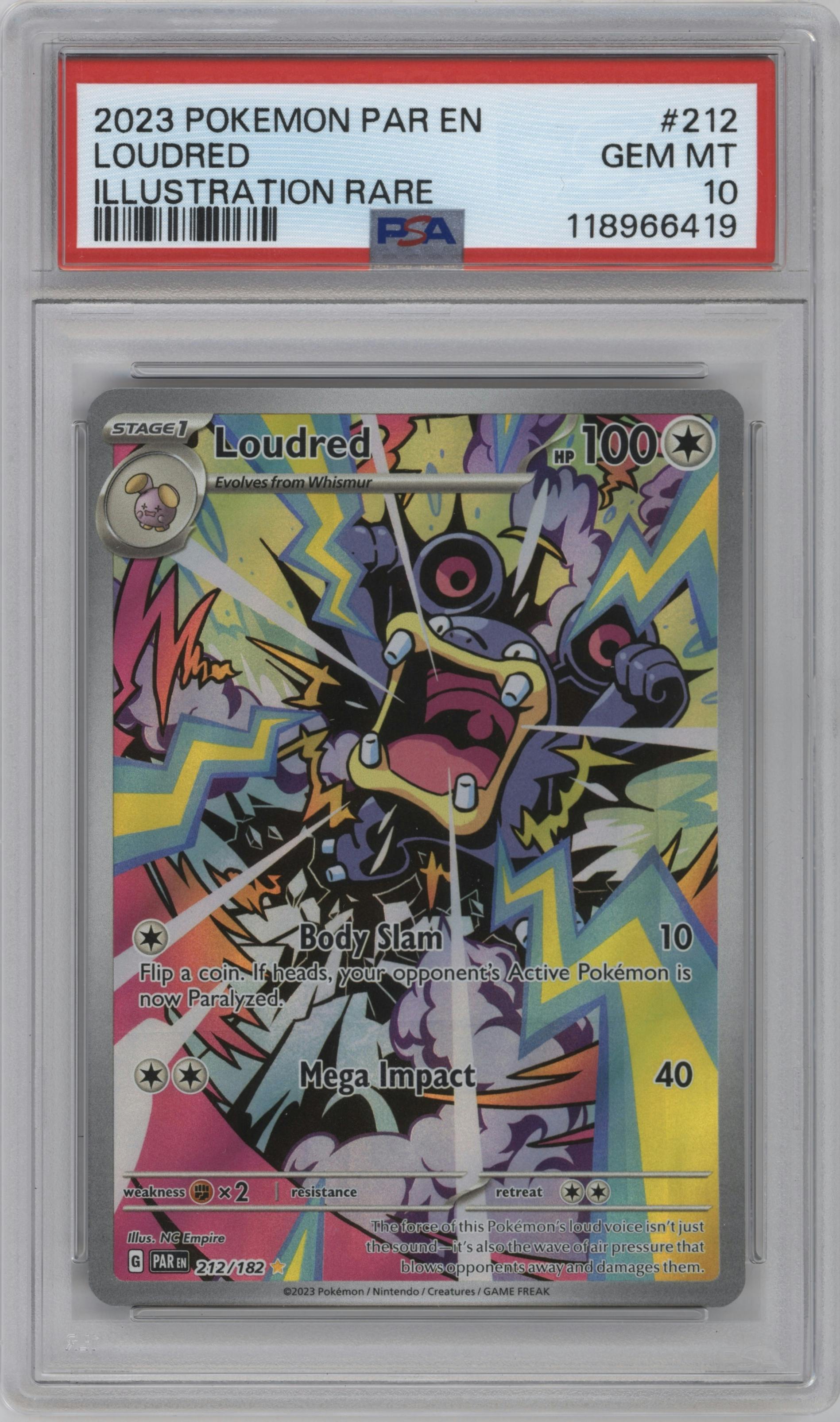 Loudred from the 2023 Pokemon SV set graded by PSA and given an overall grade of 10.