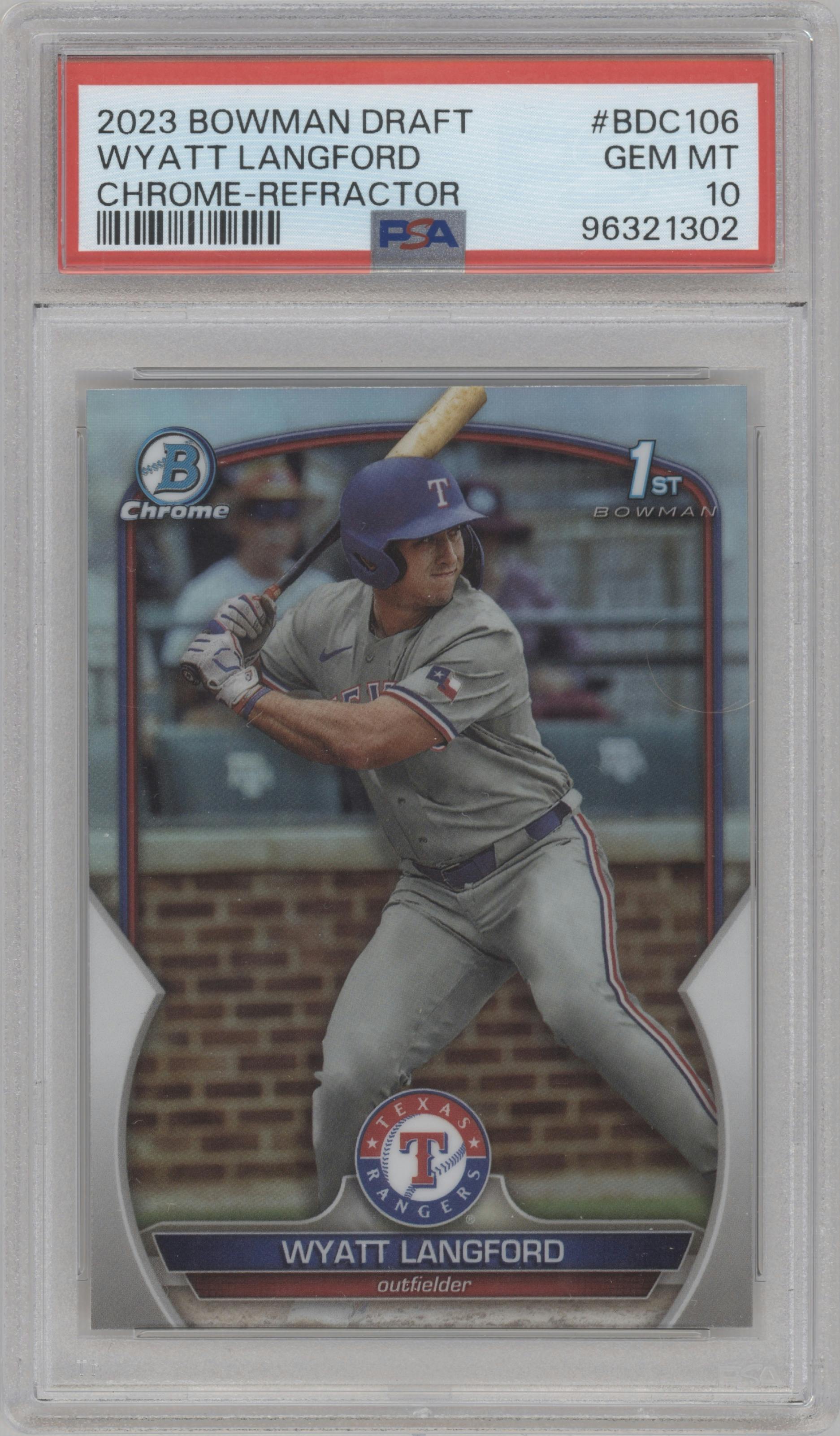 Wyatt Langford from the 2023 Bowman Draft set featuring a Refractor parallel graded by PSA and given an overall grade of 10.
