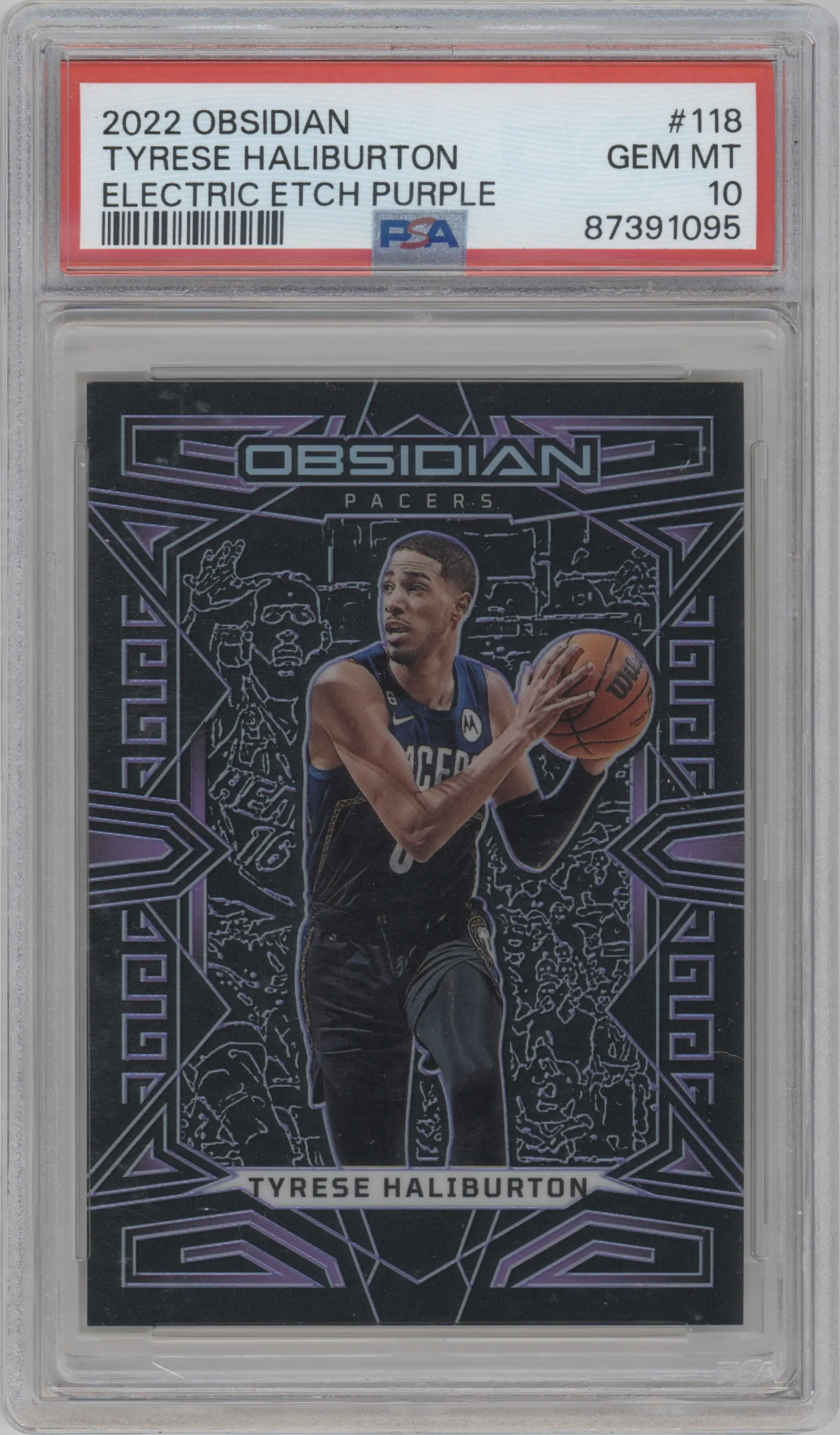 Tyrese Haliburton from the 2022-23 Panini Obsidian set featuring a Electric Etch Purple parallel graded by PSA and given an overall grade of 10.