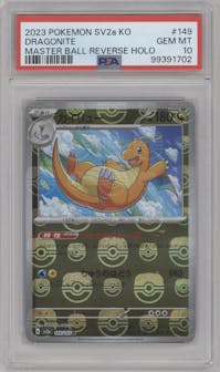 Dragonite from the 2023 Pokemon SV JPN set featuring a Master Ball parallel graded by PSA and given an overall grade of 10.