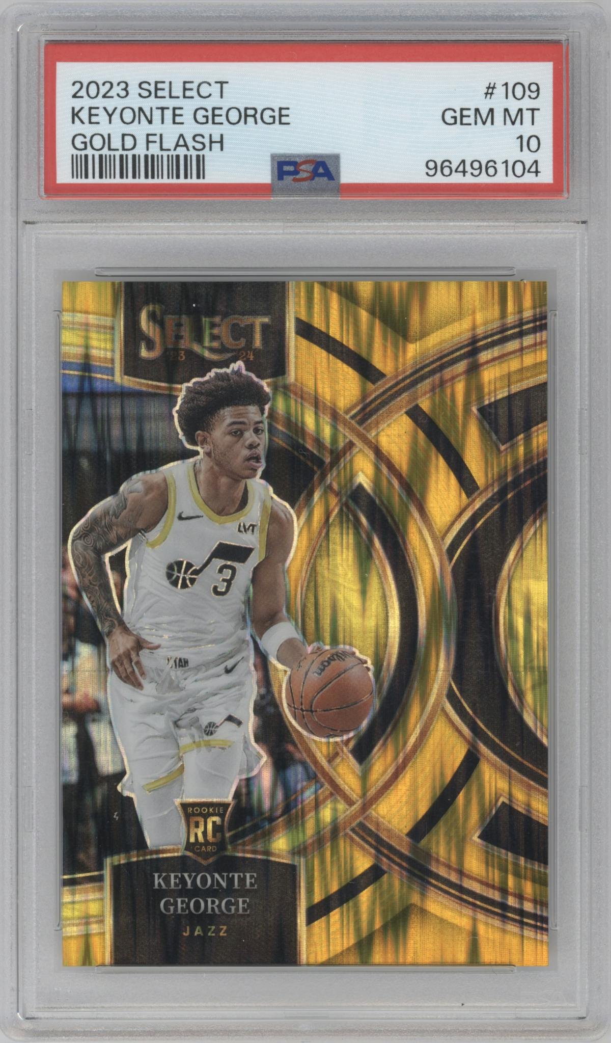 Keyonte George from the 2023-24 Panini Select  set featuring a Gold Flash parallel graded by PSA and given an overall grade of 10.